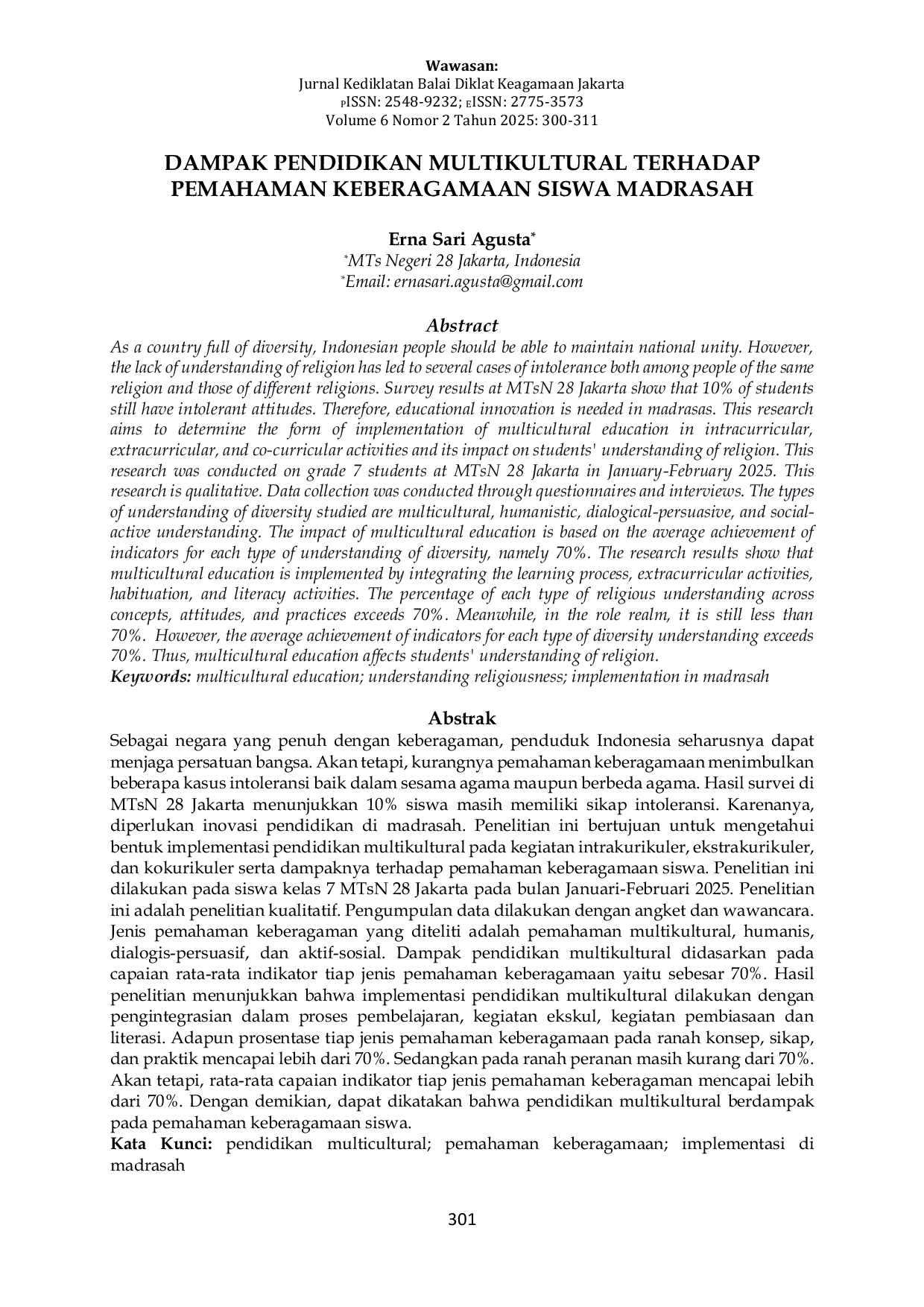 JURIS Dampak Pendidikan Multikultural Terhadap Pemahaman Keberagamaan Siswa Madrasah