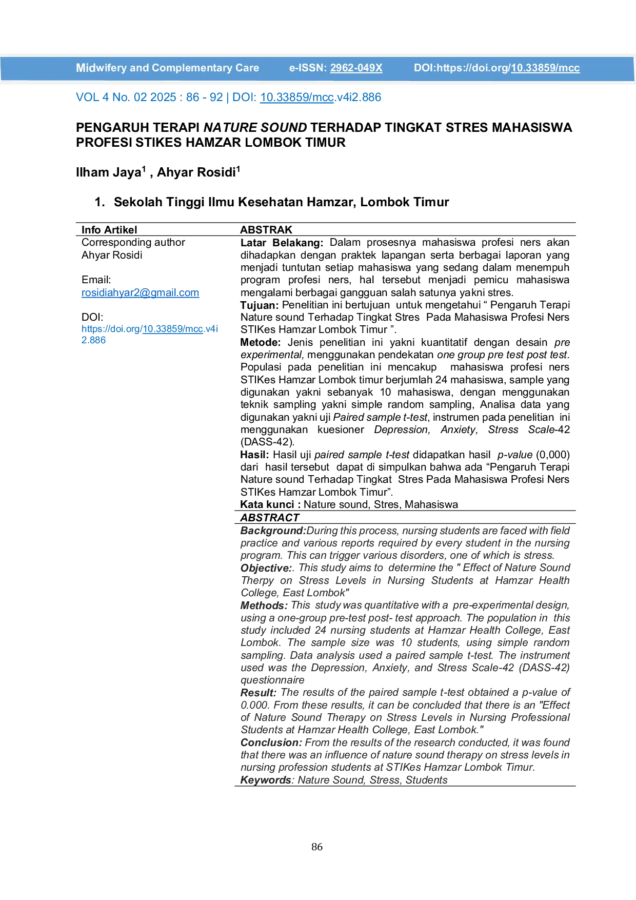 JURIS Pengaruh Terapi Nature Sound Terhadap Tingkat Stres Mahasiswa Profesi Ners STIKes Hamzar Lombok Timur