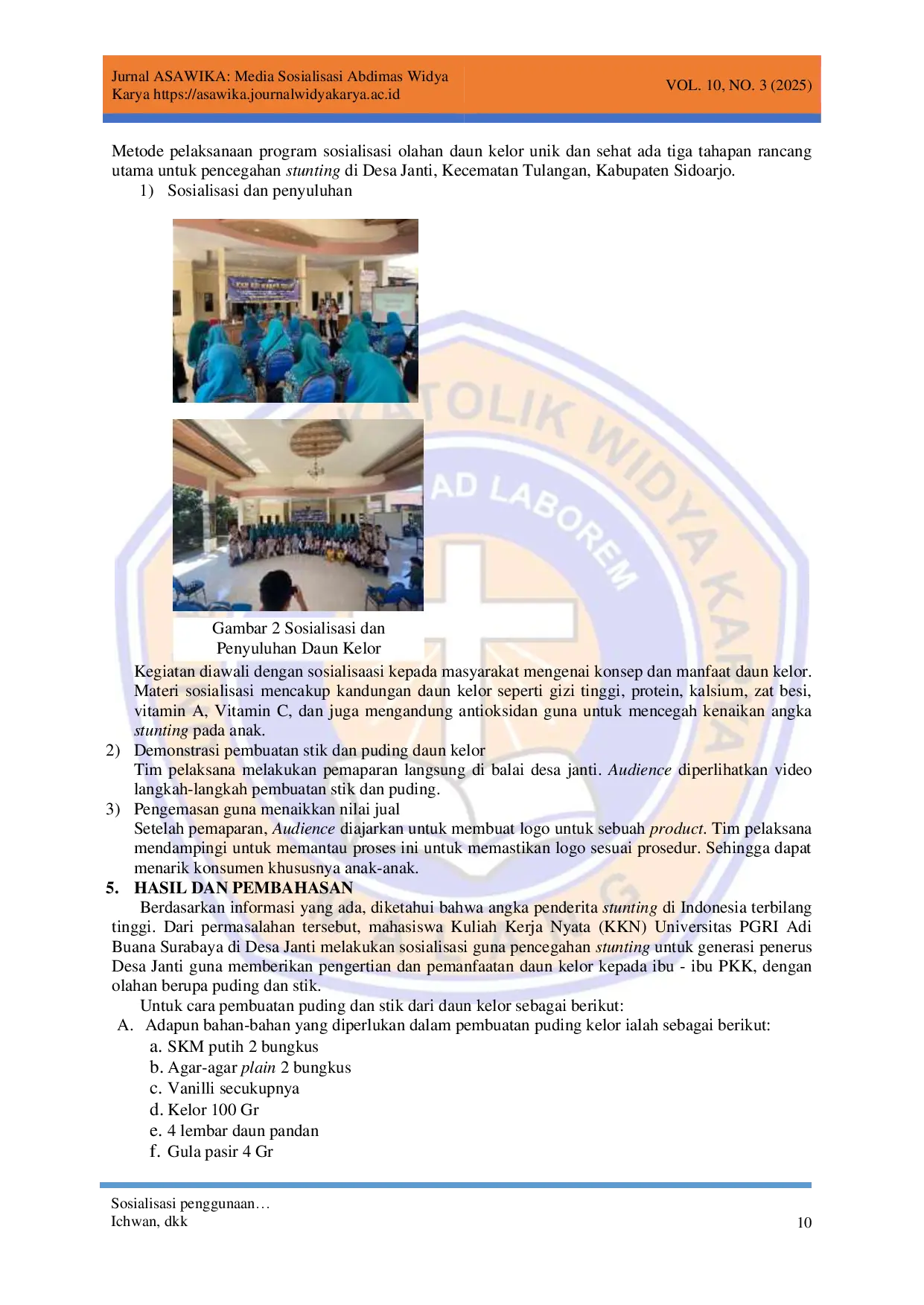 juris Sosialisasi Penggunaan Daun Kelor Untuk Pencegahan Stunting Di Desa Janti Tulangan Sidoarjo