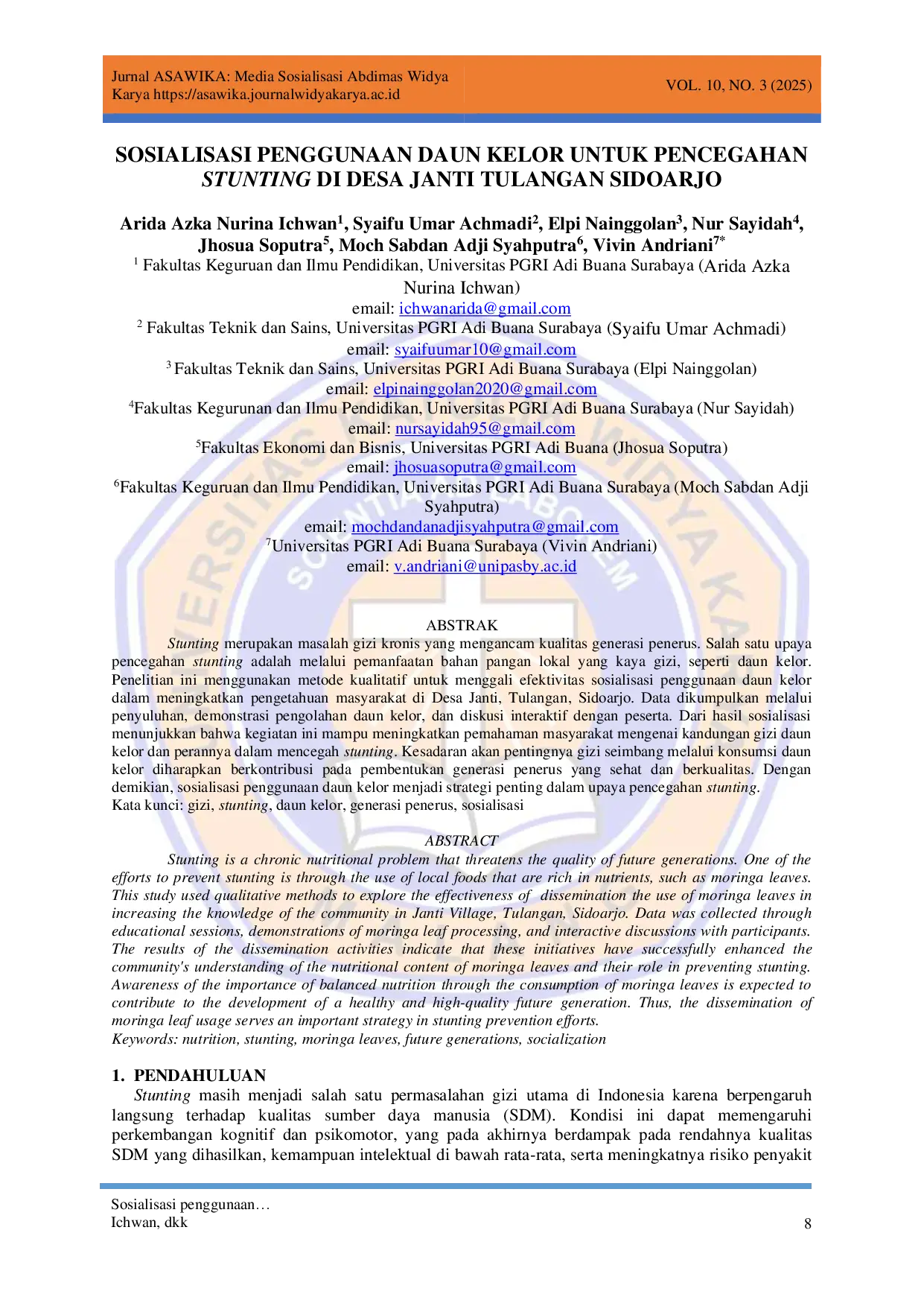 juris Sosialisasi Penggunaan Daun Kelor Untuk Pencegahan Stunting Di Desa Janti Tulangan Sidoarjo