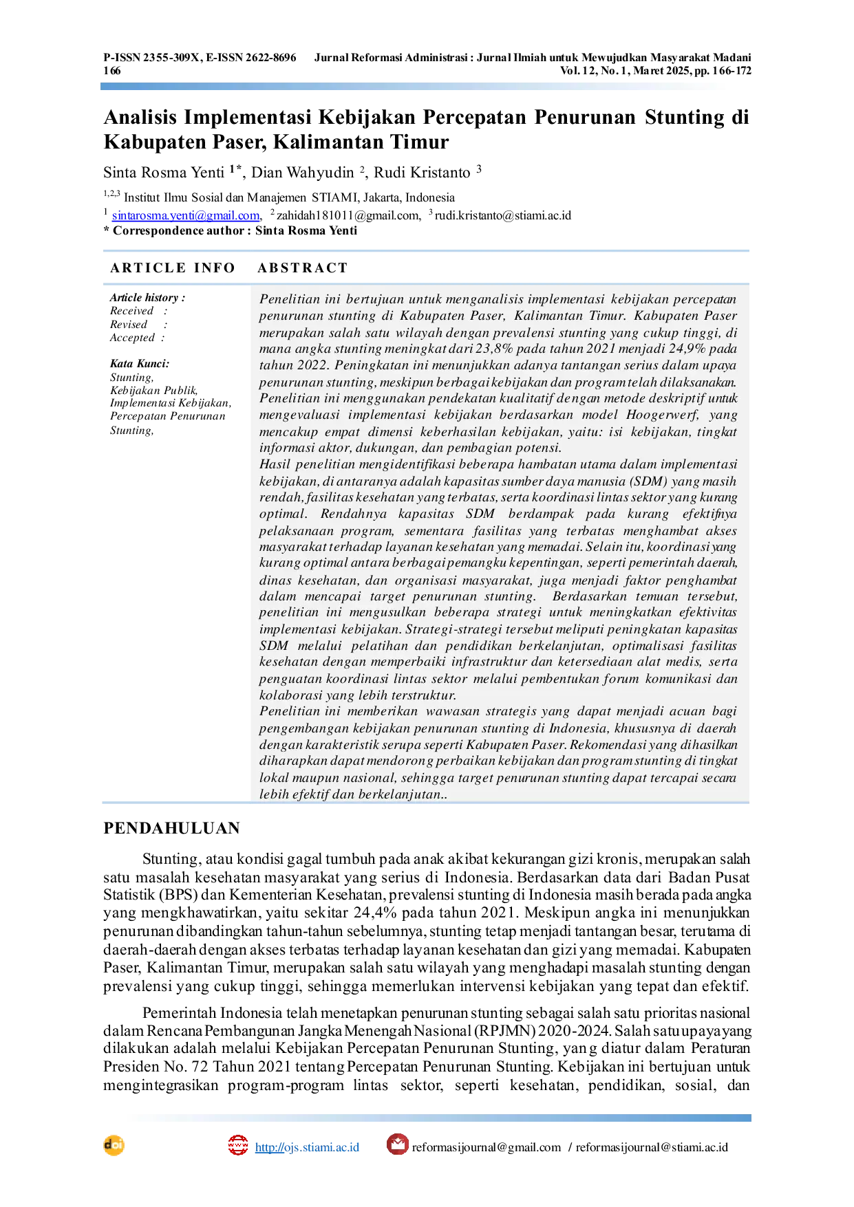 JURIS Analisis Implementasi Kebijakan Percepatan Penurunan Stunting di Kabupaten Paser Kalimantan Timur