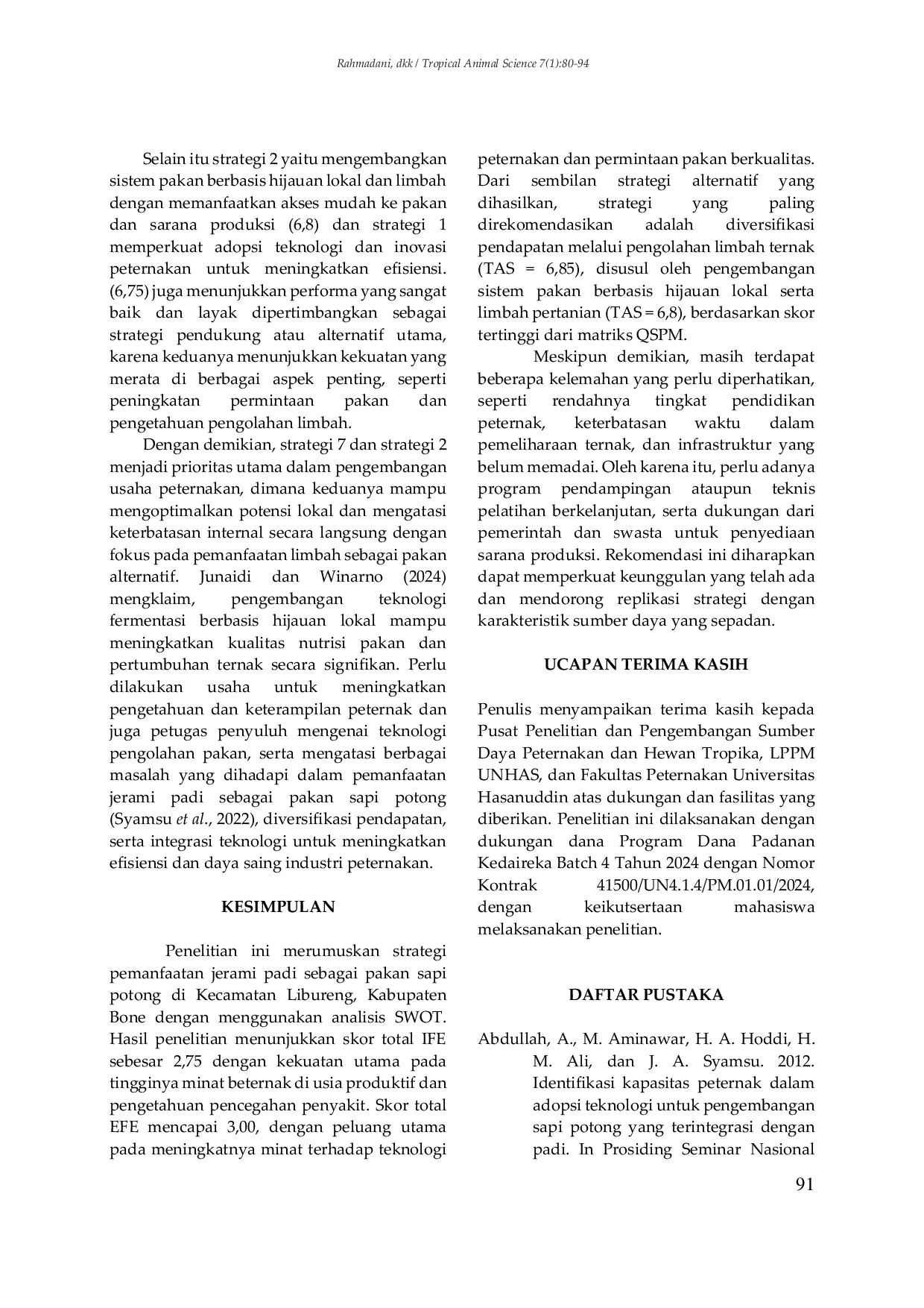 JURIS Strategi Pemanfaatan Jerami Padi Sebagai Pakan Sapi Potong Di Kecamatan Libureng Kabupaten Bone Pendekatan Analisis SWOT