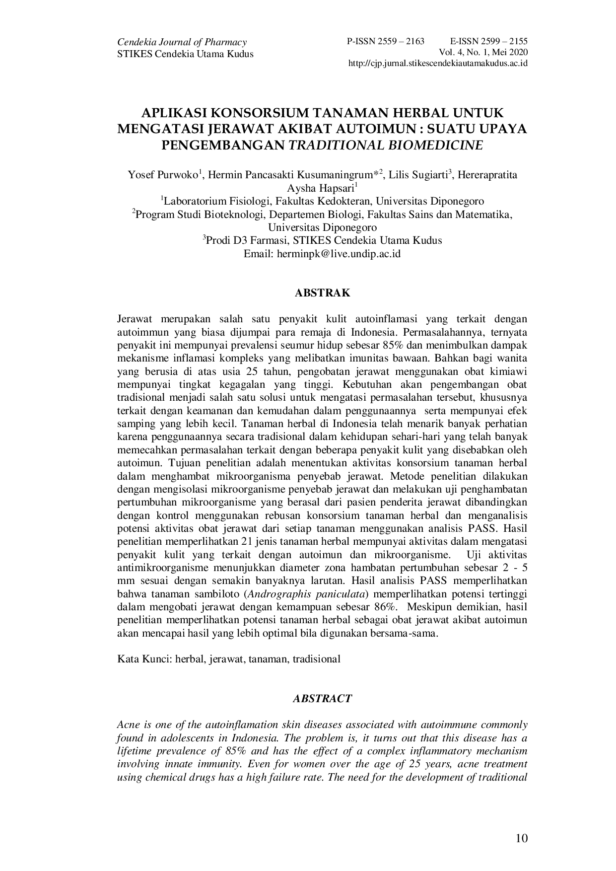 JURIS Aplikasi Konsorsium Tanaman Herbal untuk Mengatasi Jerawat Akibat Autoimun Suatu Upaya Pengembangan Traditional Biomedicine