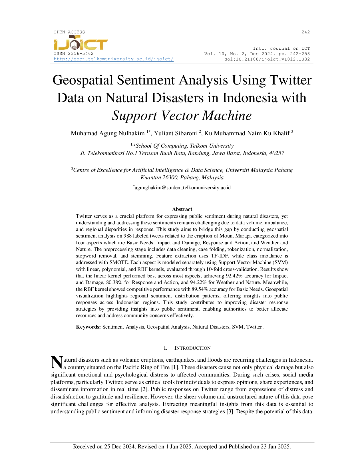 JURIS Geospatial Sentiment Analysis Using Twitter Data on Natural Disasters in Indonesia with Support Vector Machine SVM Algorithm