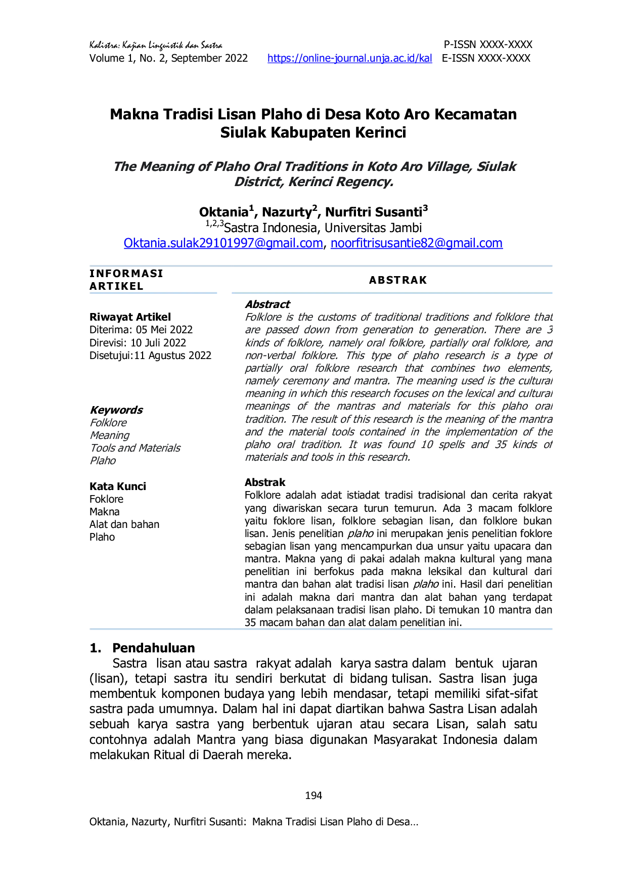 JURIS Makna Tradisi Lisan Plaho di Desa Koto Aro Kecamatan Siulak Kabupaten Kerinci