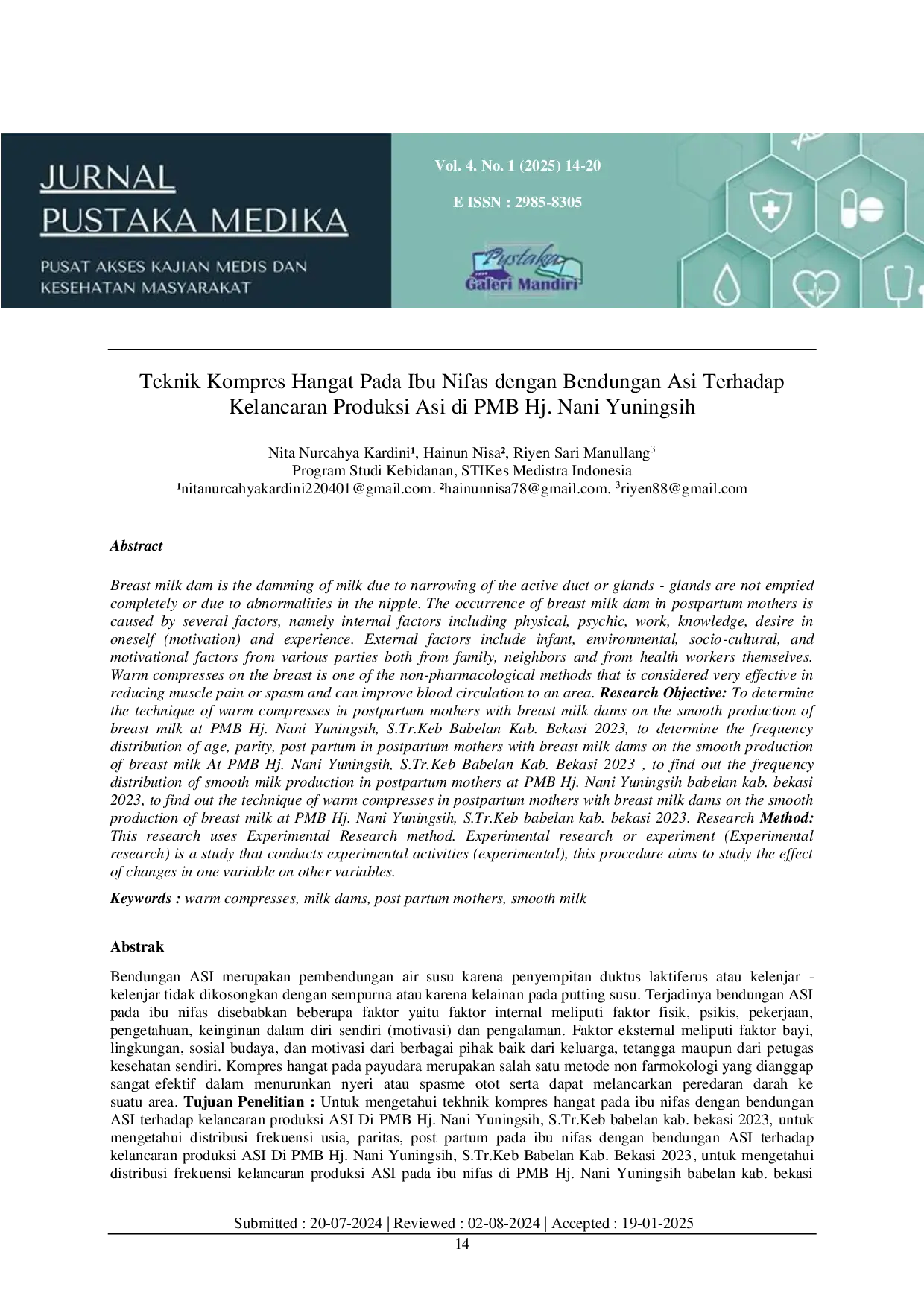 JURIS Teknik Kompres Hangat Pada Ibu Nifas dengan Bendungan Asi Terhadap Kelancaran Produksi Asi di PMB Hj Nani Yuningsih
