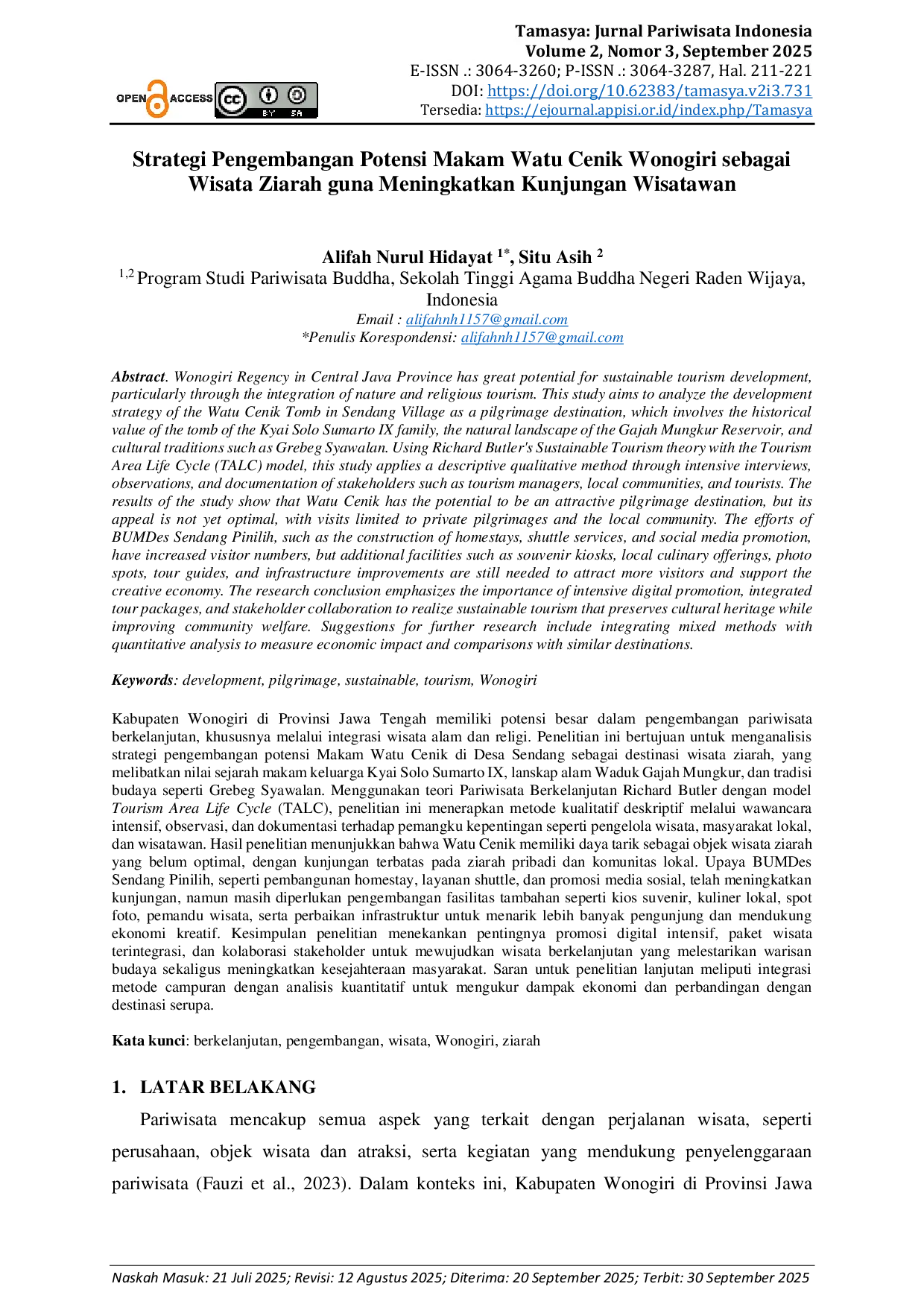 JURIS Strategi Pengembangan Potensi Makam Watu Cenik Wonogiri sebagai Wisata Ziarah guna Meningkatkan Kunjungan Wisatawan