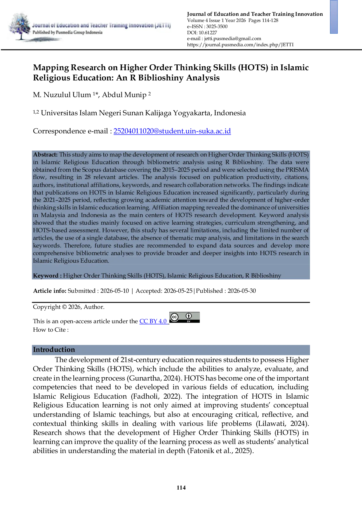 JURIS Mapping Research on Higher Order Thinking Skills HOTS in Islamic Religious Education An R Biblioshiny Analysis