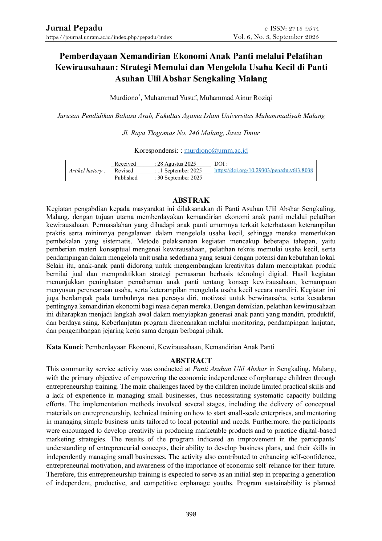 JURIS Pemberdayaan Xemandirian Ekonomi Anak Panti melalui Pelatihan Kewirausahaan Strategi Memulai dan Mengelola Usaha Kecil di Panti Asuhan Ulil Abshar Sengkaling Malang