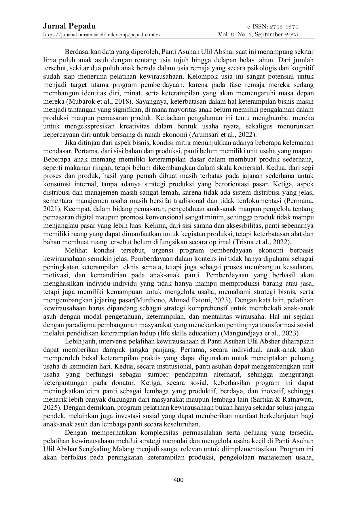 JURIS Pemberdayaan Xemandirian Ekonomi Anak Panti melalui Pelatihan Kewirausahaan Strategi Memulai dan Mengelola Usaha Kecil di Panti Asuhan Ulil Abshar Sengkaling Malang