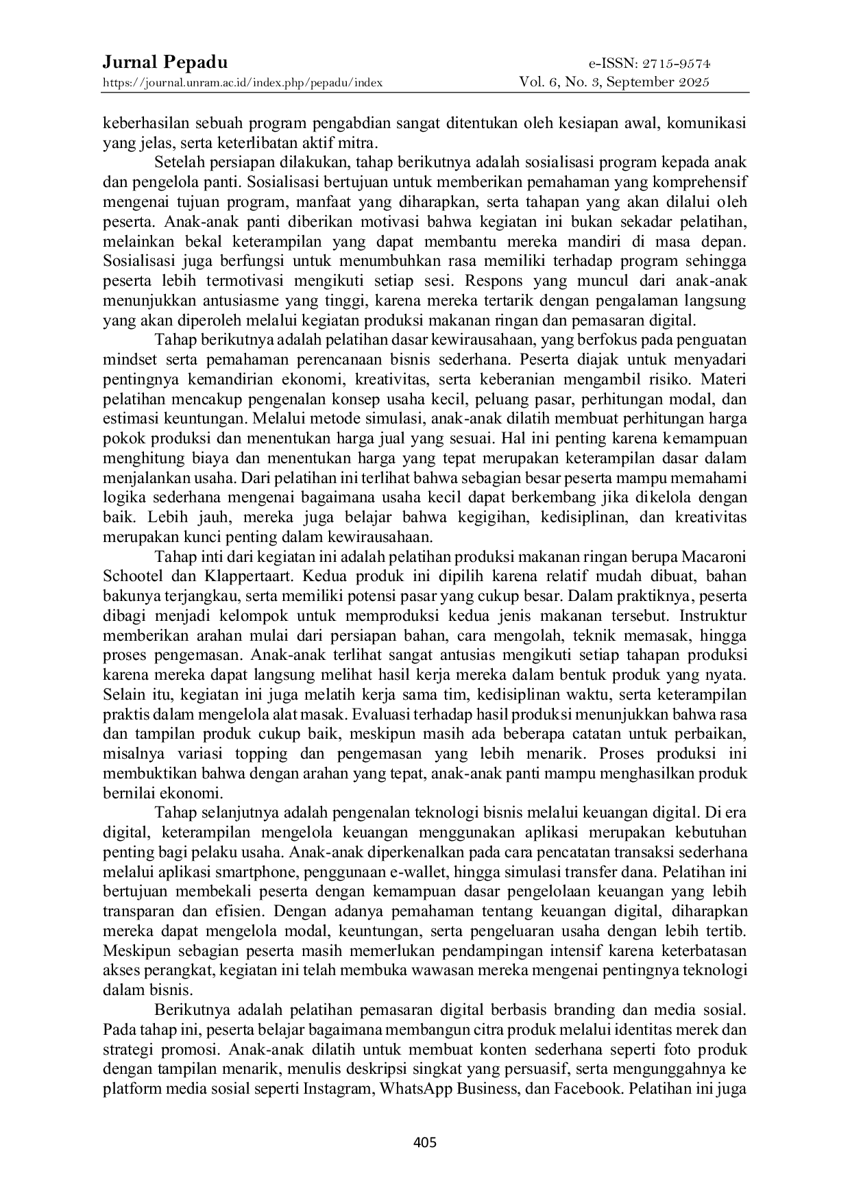 JURIS Pemberdayaan Xemandirian Ekonomi Anak Panti melalui Pelatihan Kewirausahaan Strategi Memulai dan Mengelola Usaha Kecil di Panti Asuhan Ulil Abshar Sengkaling Malang