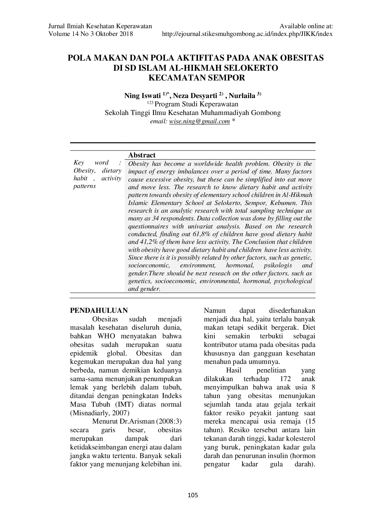 JURIS Pola Makan dan Pola Aktifitas pada Anak Obesitas di SD Islam Al Hikmah Selokerto Kecamatan Sempor