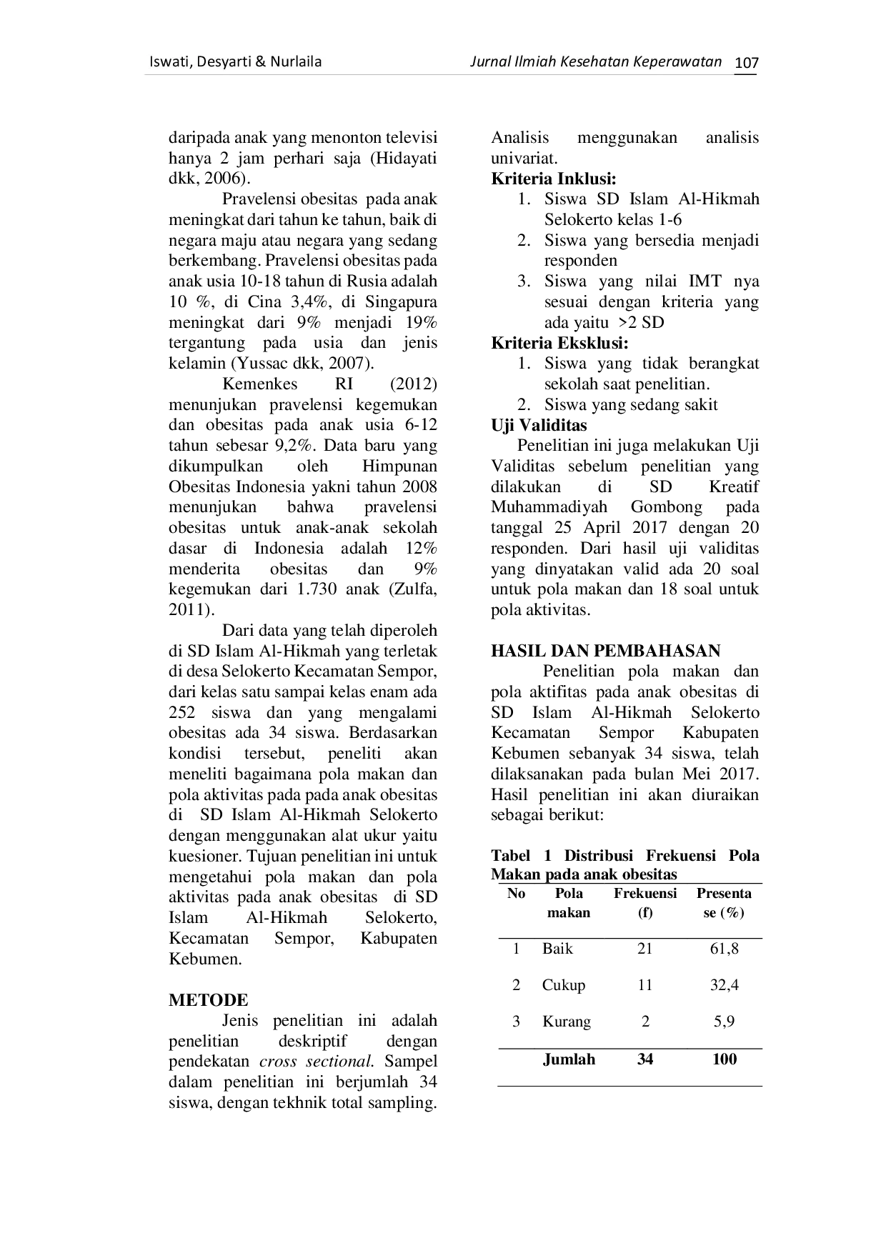 JURIS Pola Makan dan Pola Aktifitas pada Anak Obesitas di SD Islam Al Hikmah Selokerto Kecamatan Sempor