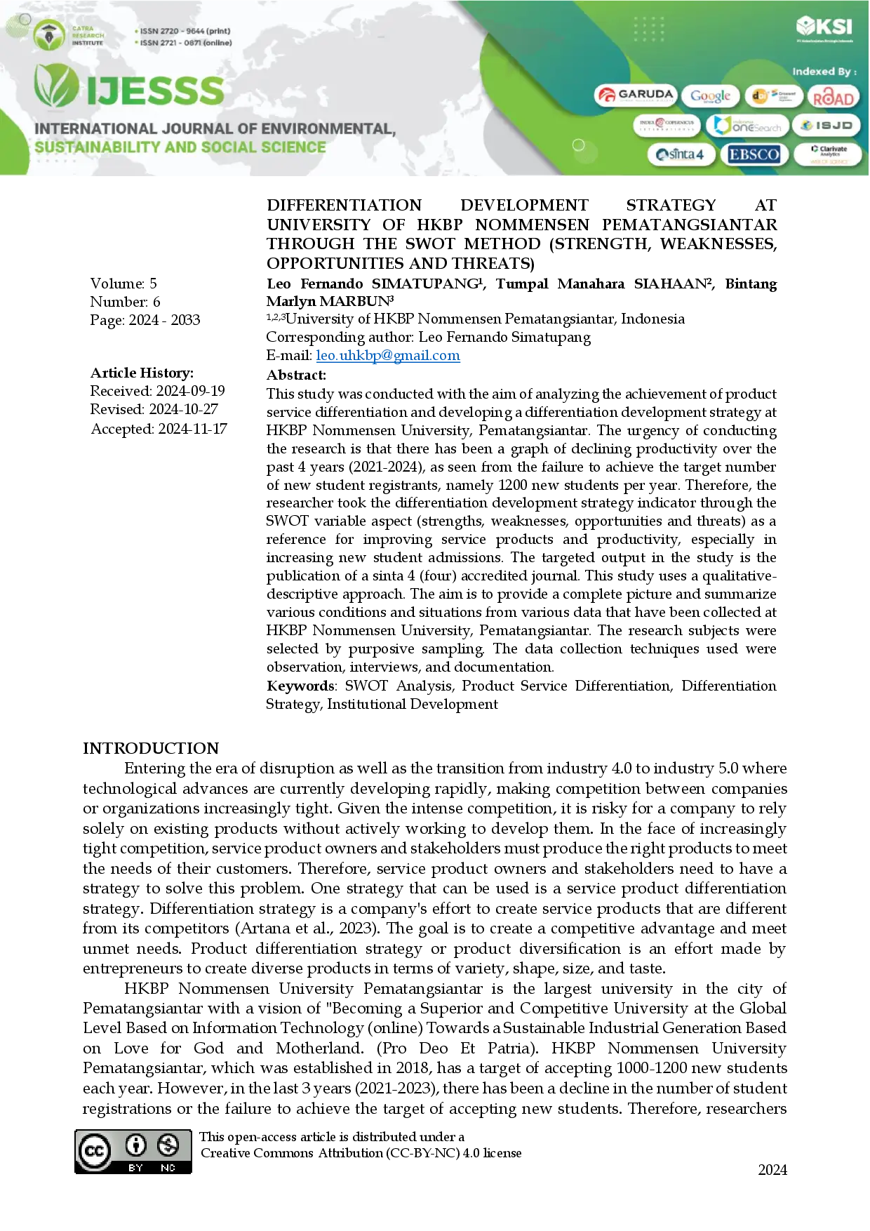juris Differentiation Strategy At Development University Of HKBP Nommensen Pematsiangtar Through The SWOT Method