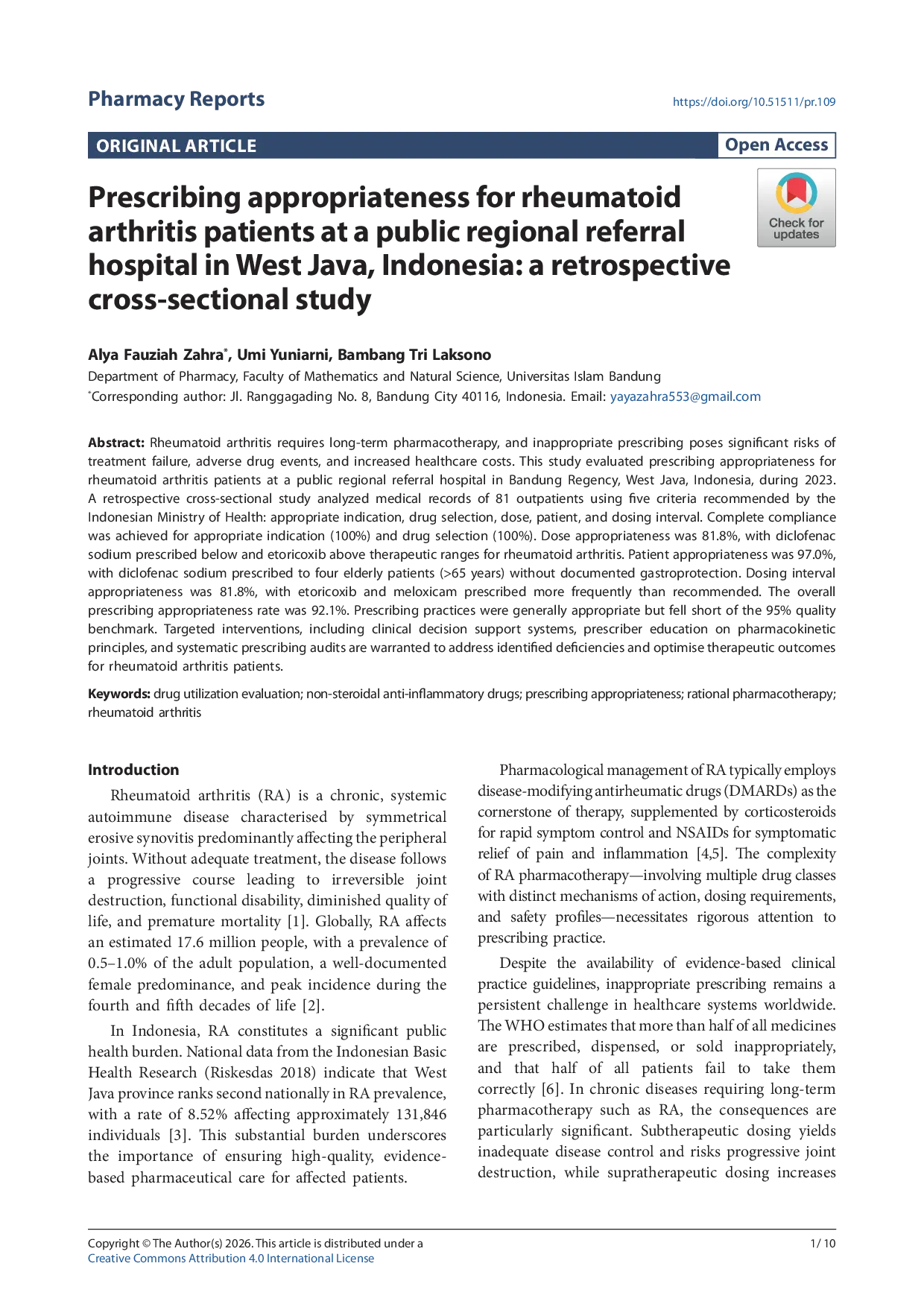 JURIS Evaluation of prescribing rationality for rheumatoid arthritis patients at a regional hospital in Indonesia