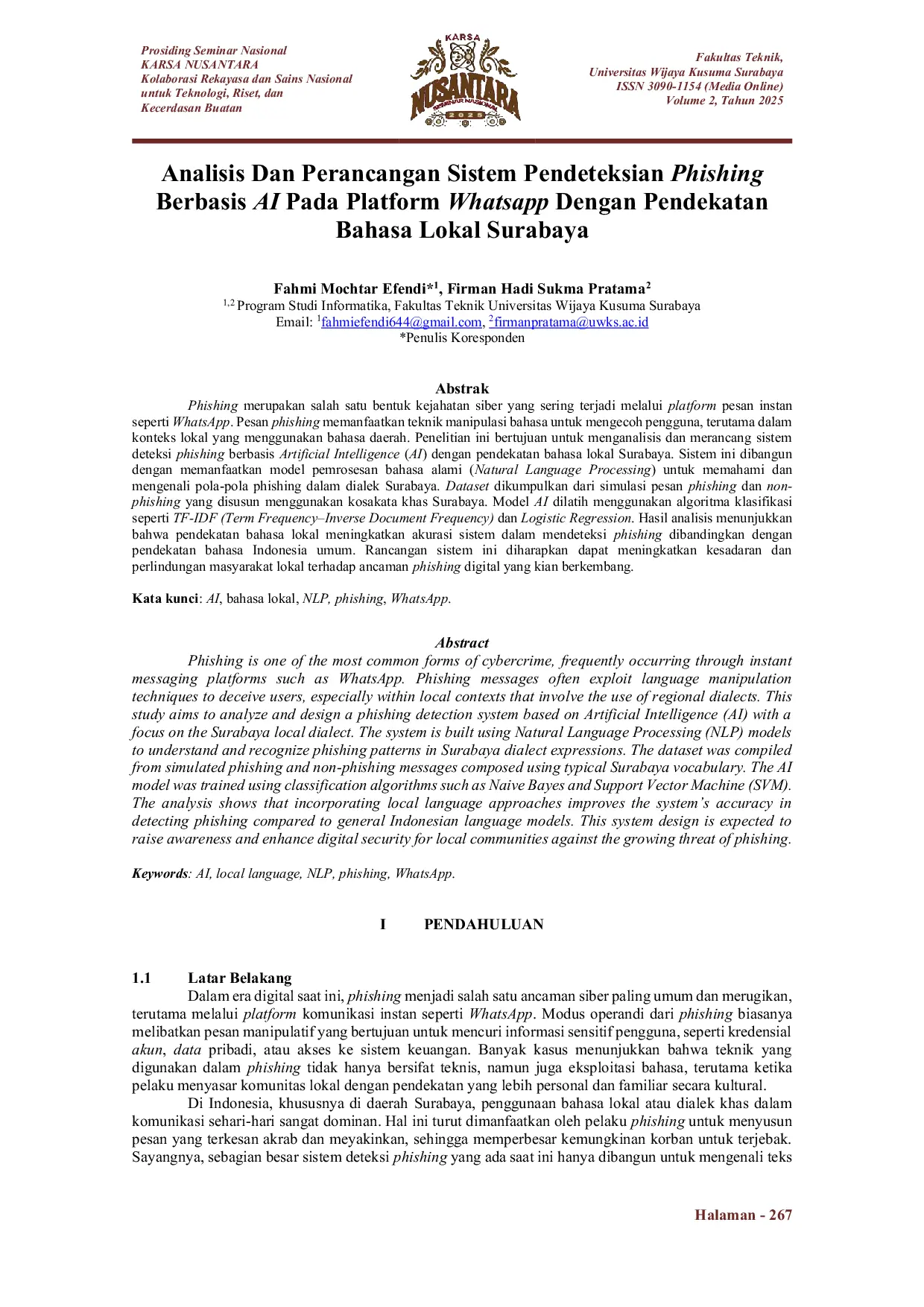 JURIS Analisis Dan Perancangan Sistem Pendeteksian Phishing Berbasis AI Pada Platform Whatsapp Dengan Pendekatan Bahasa Lokal Surabaya