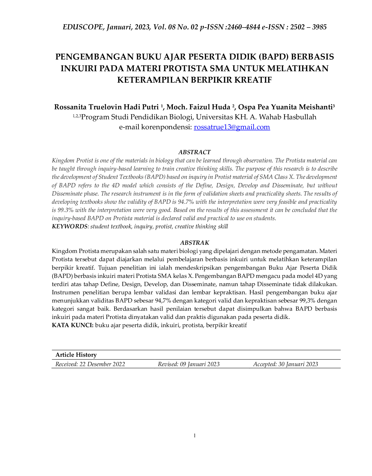 JURIS Pengembangan Buku Ajar Peserta Didik BAPD Berbasis Inkuiri Pada Materi Protista SMA Untuk Melatihkan Keterampilan Berpikir Kreatif