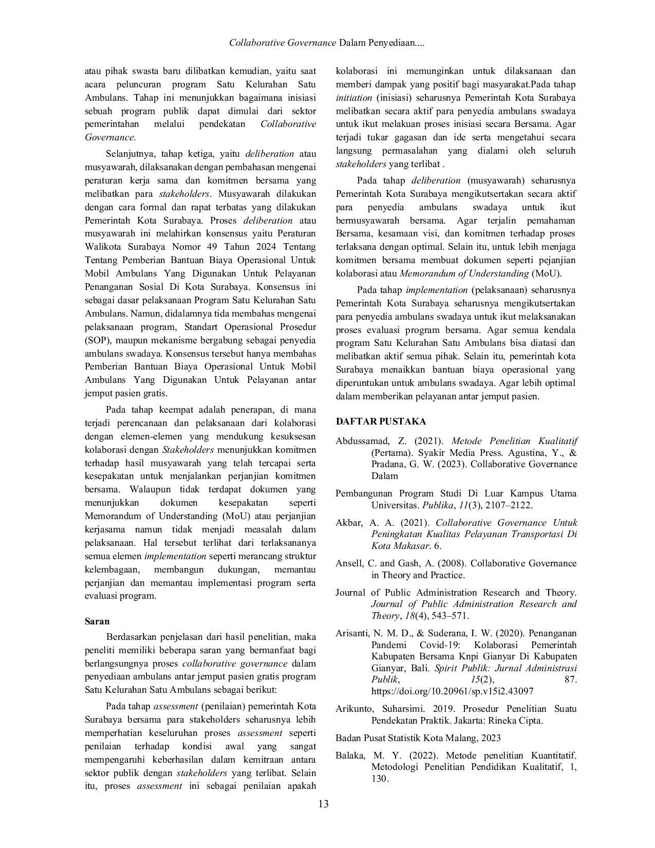 JURIS Collaborative Governance Dalam Penyediaan Ambulans Layanan Antar Jemput Pasien Gratis Di Kota Surabaya Studi Kasus Program Satu Kelurahan Satu Ambulans