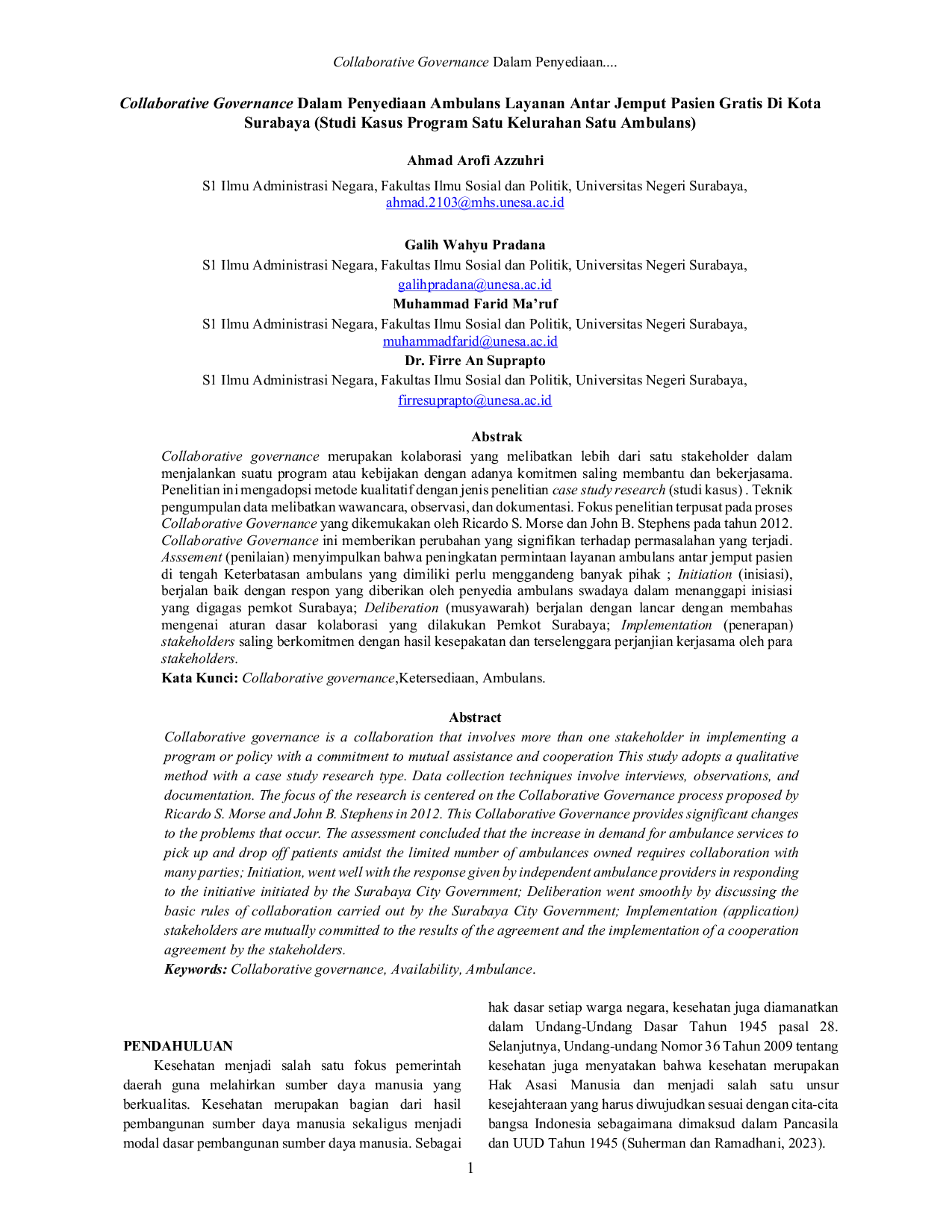 JURIS Collaborative Governance Dalam Penyediaan Ambulans Layanan Antar Jemput Pasien Gratis Di Kota Surabaya Studi Kasus Program Satu Kelurahan Satu Ambulans