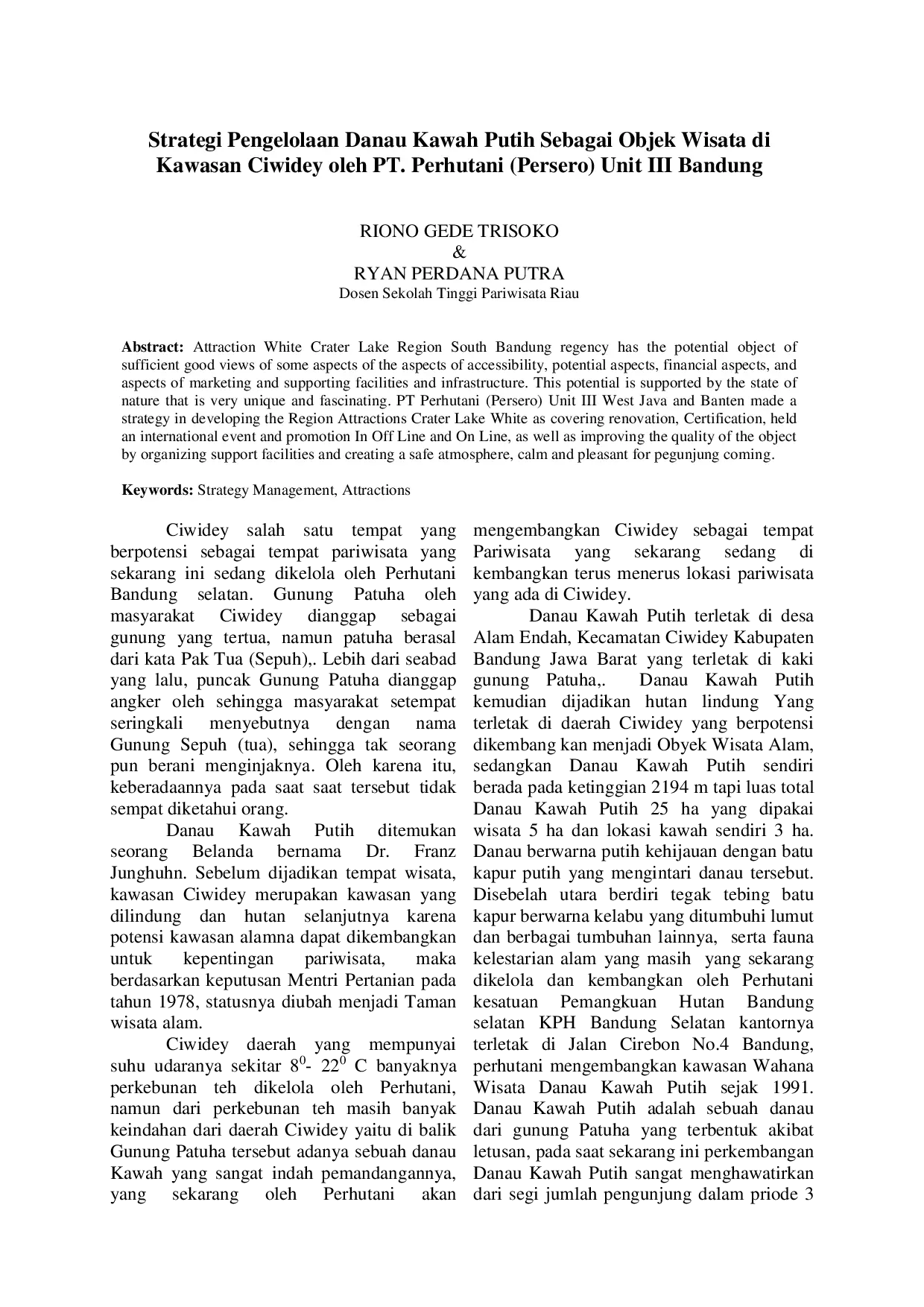 juris Strategi Pengelolaan Danau Kawah Putih Sebagai Objek Wisata di Kawasan Ciwidey oleh PT Perhutani Persero Unit III Bandung