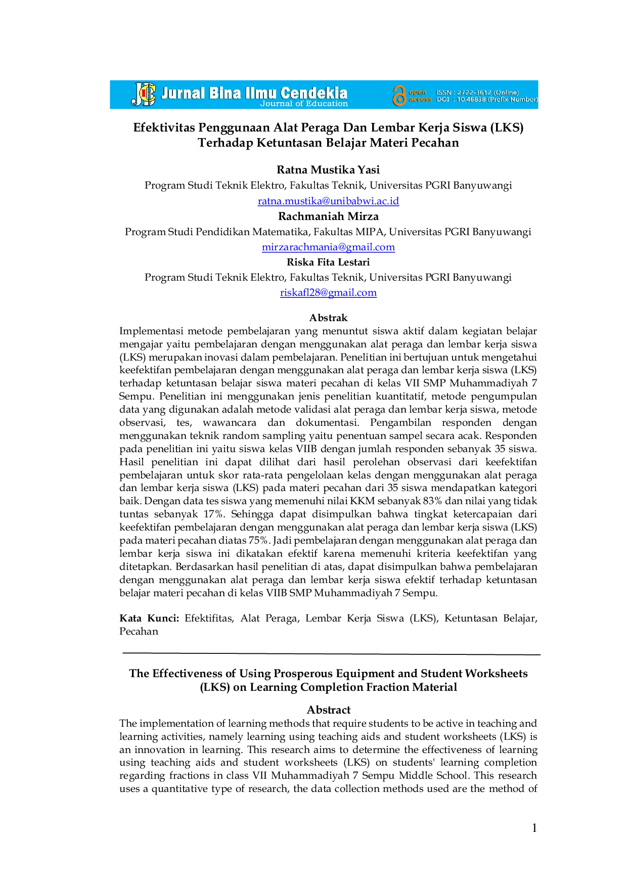 JURIS Efektivitas Penggunaan Alat Peraga Dan Lembar Kerja Siswa LKS Terhadap Ketuntasan Belajar Materi Pecahan