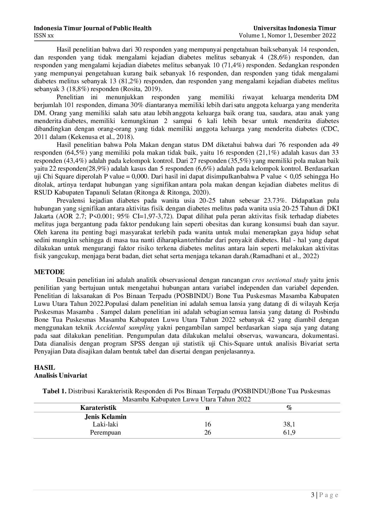 JURIS Faktor Determinan Kejadian Diabetes Mellitus di Pos Binaan Terpadu Posbindu Bone Tua Puskemas Masamba Kabupaten Luwu Utara Tahun 2022 Determinant Factors of the Incidence of Diabetes Mellitus at B