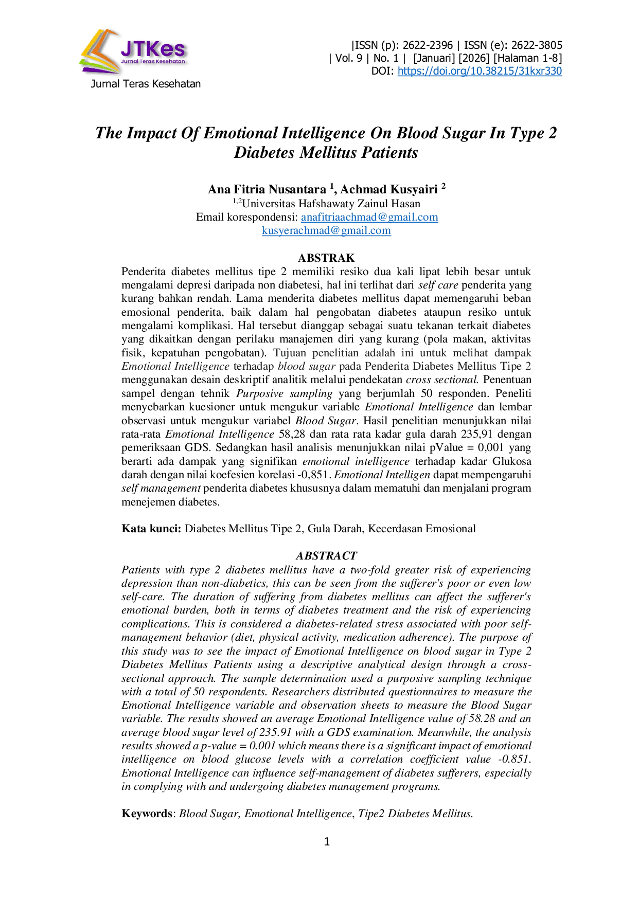 JURIS The Impact Of Emotional Intelligence On Blood Sugar In Type 2 Diabetes Mellitus Patients