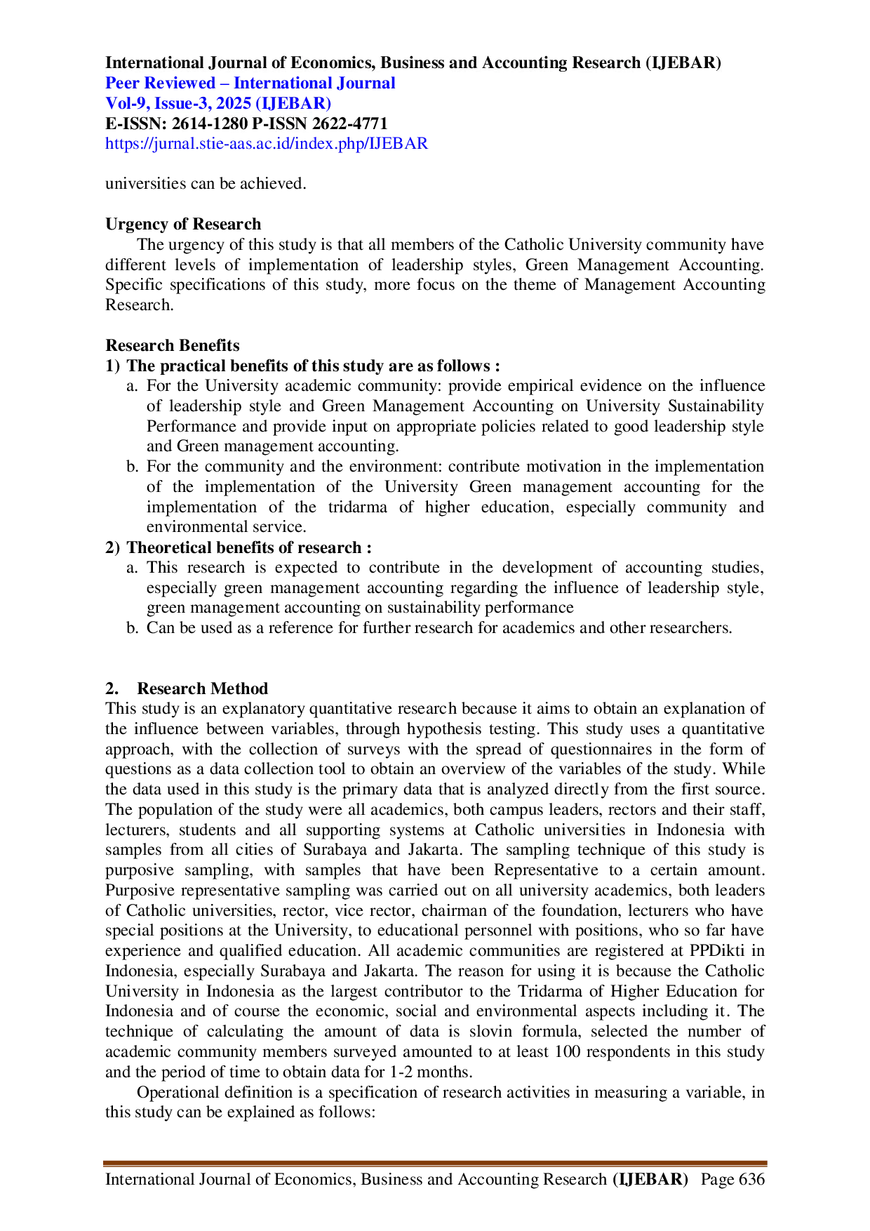 JURIS The Influence of Leadership Style and Green Management Accounting on the Sustainability Performance of Catholic Universities in Indonesia