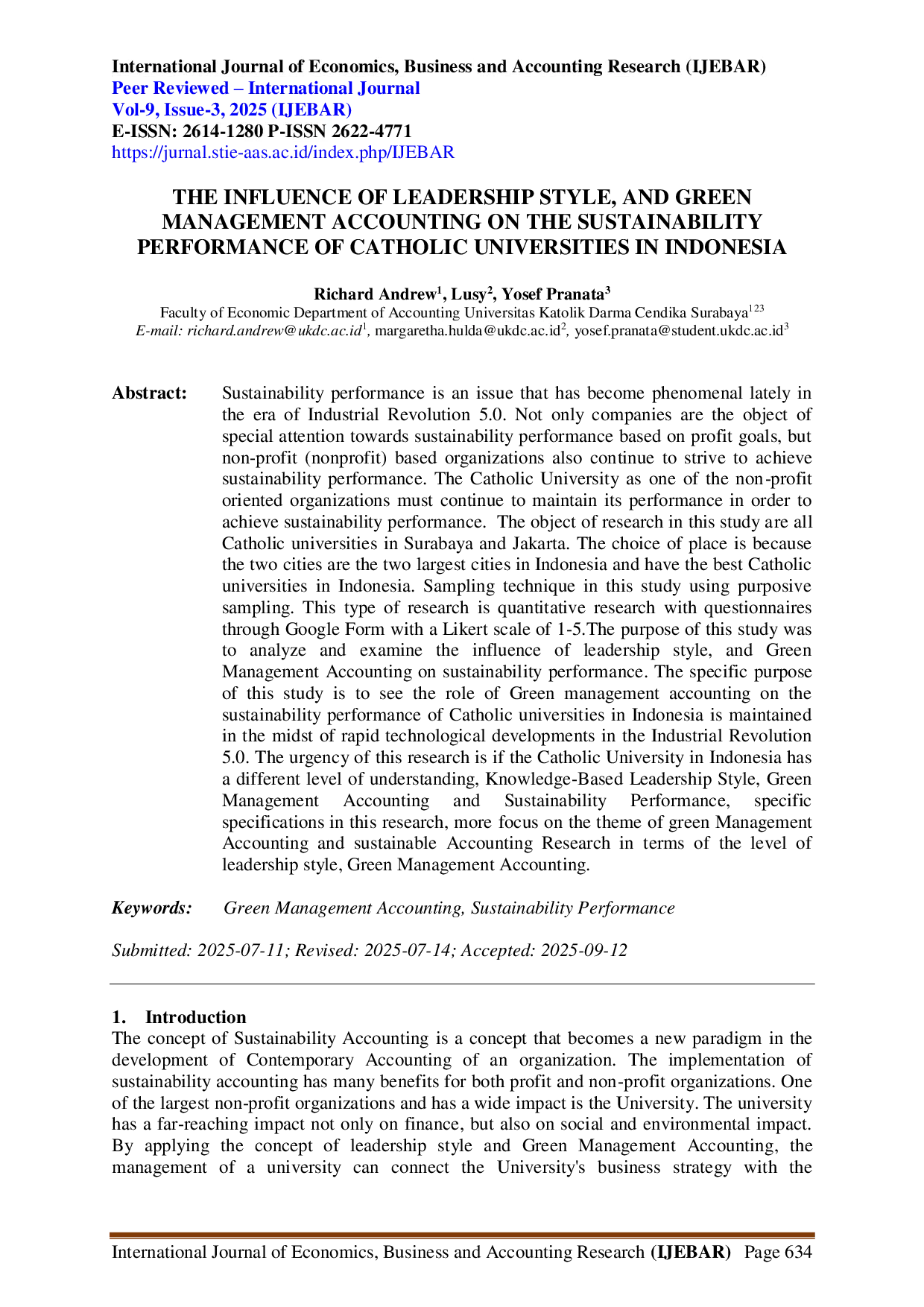 JURIS The Influence of Leadership Style and Green Management Accounting on the Sustainability Performance of Catholic Universities in Indonesia