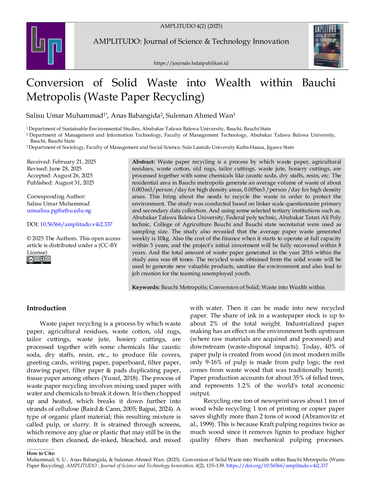 JURIS Conversion of Solid Waste into Wealth within Bauchi Metropolis Waste Paper Recycling