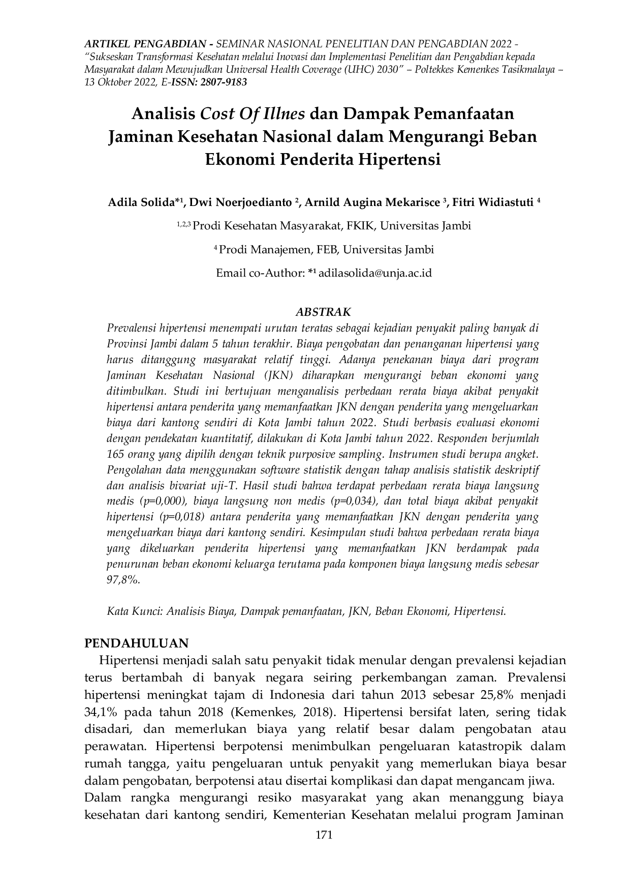 JURIS Analisis Cost Of Illnes dan Dampak Pemanfaatan Jaminan Kesehatan Nasional dalam Mengurangi Beban Ekonomi Penderita Hipertensi