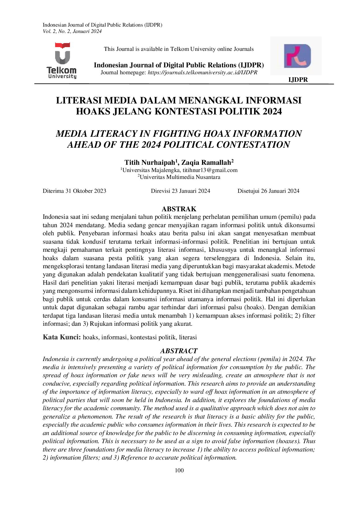 JURIS Literasi Media Dalam Menangkal Informasi Hoaks Jelang Kontestasi Politik 2024