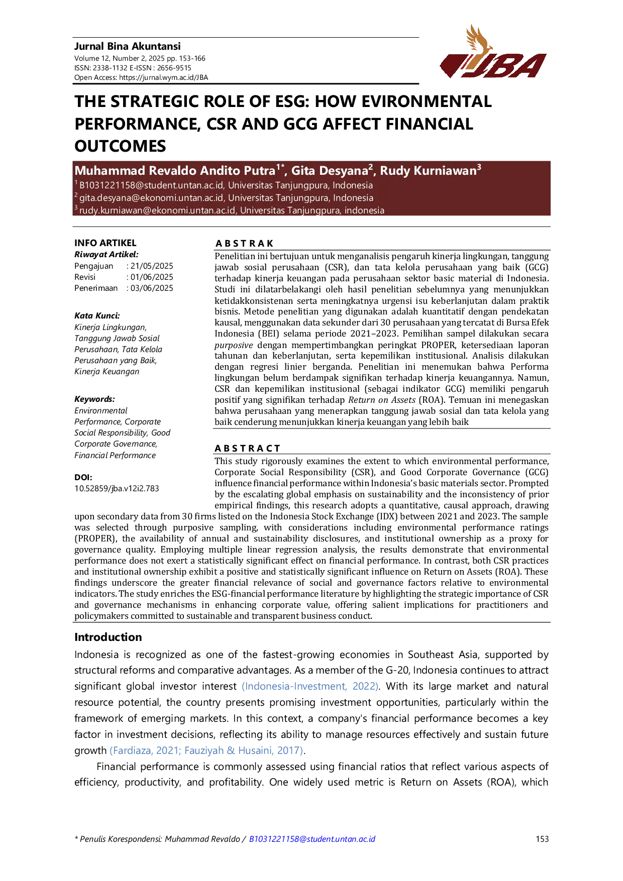 JURIS The Strategic Role of ESG How Environmental Performance CSR and GCG Affect Financial Outcomes