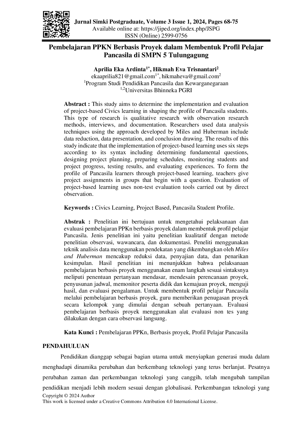 JURIS Pembelajaran PPKn Berbasis Proyek dalam Membentuk Profil Pelajar Pancasila di SMPN 5 Tulungagung