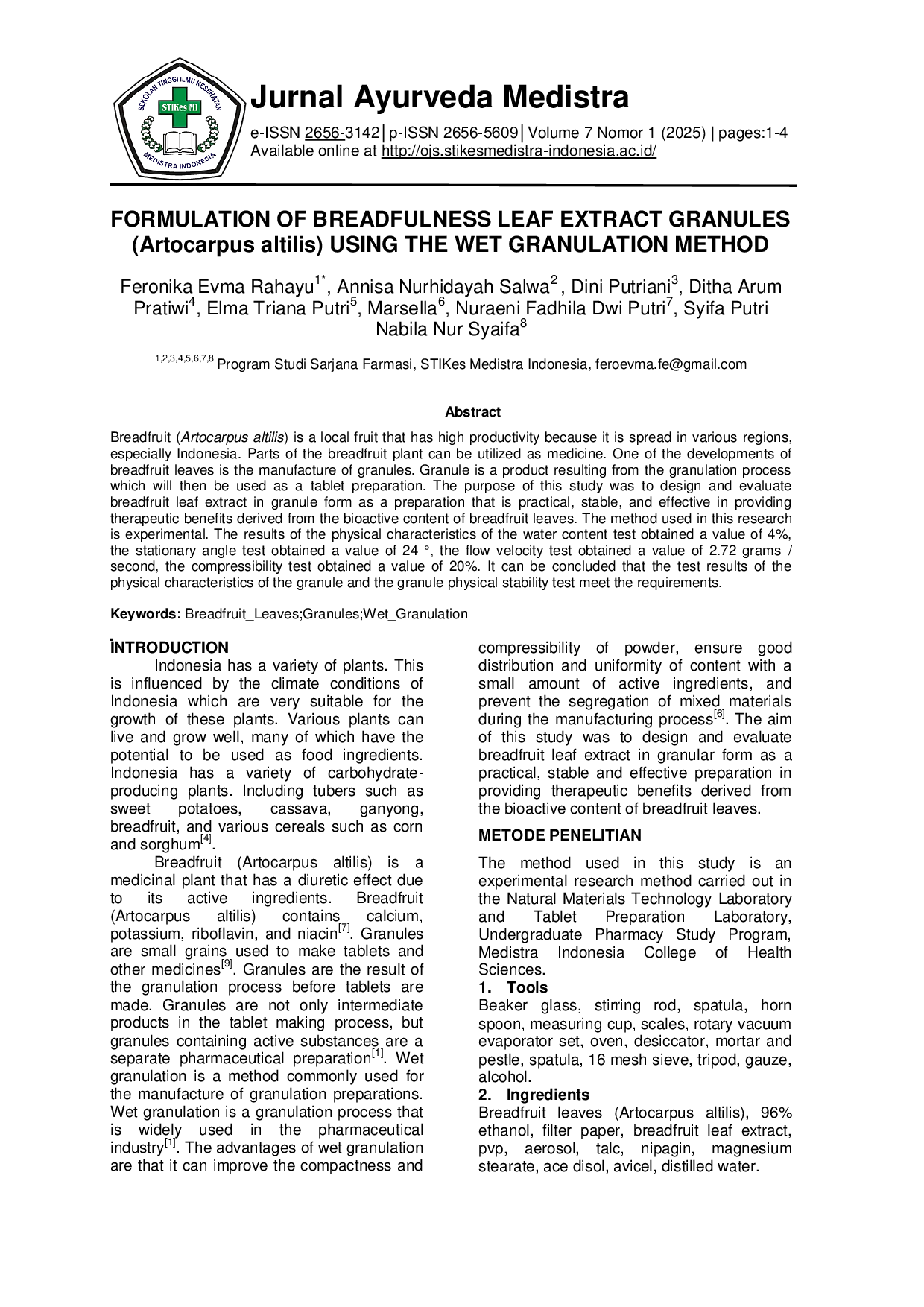 JURIS FORMULATION OF BREADFULNESS LEAF EXTRACT GRANULES Artocarpus altilis USING THE WET GRANULATION METHOD