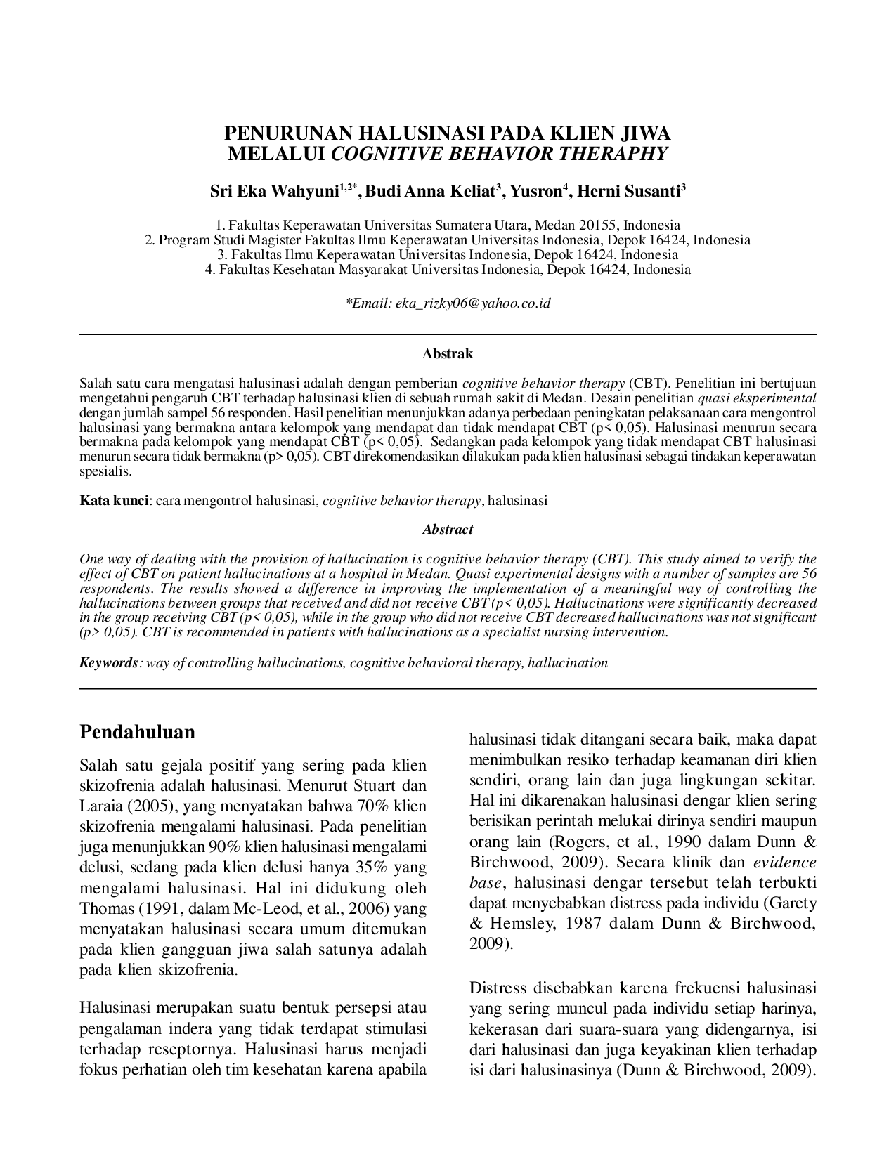 juris Penurunan Halusinasi Pada Klien Jiwa Melalui Cognitive Behavior Theraphy