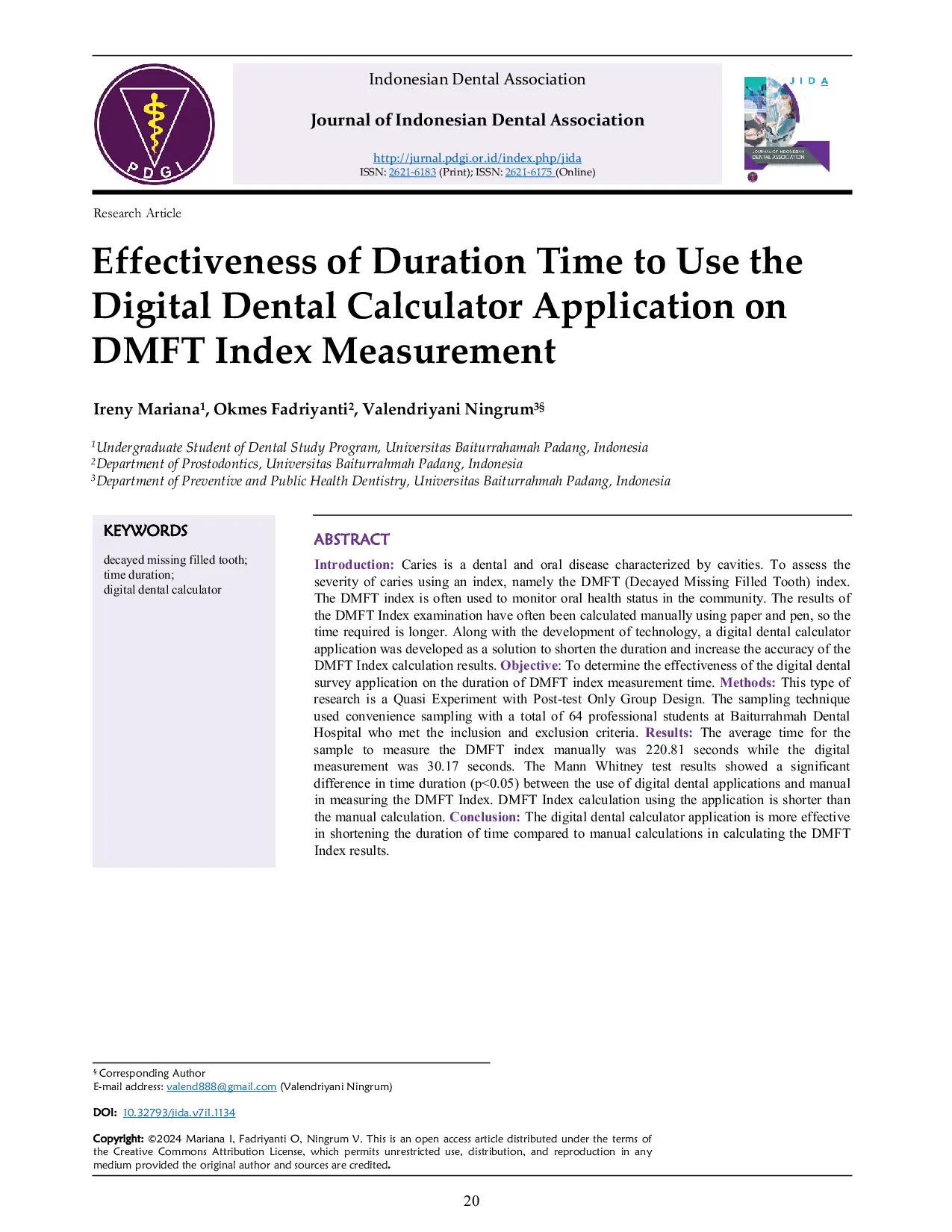 JURIS Effectiveness of Duration Time to Use the Digital Dental Calculator Application on DMFT Index Measurement