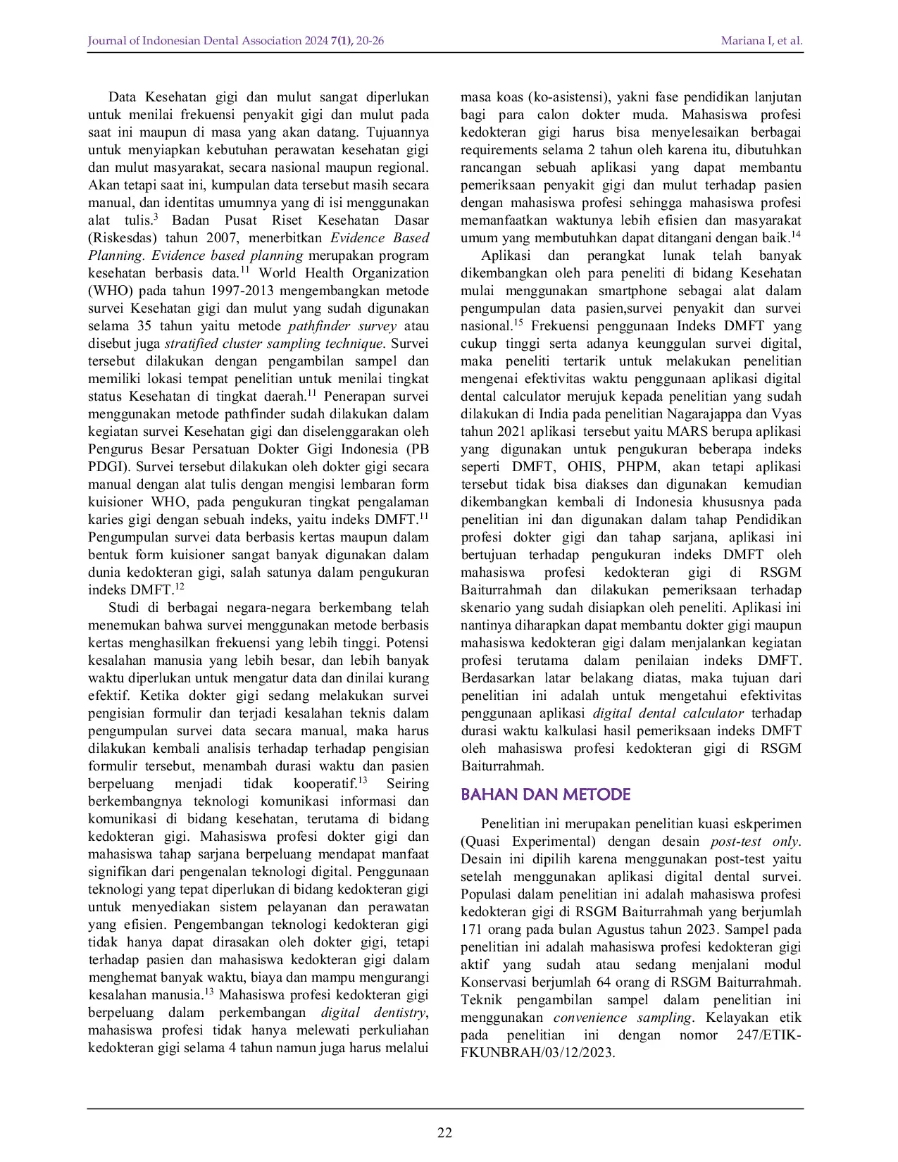 JURIS Effectiveness of Duration Time to Use the Digital Dental Calculator Application on DMFT Index Measurement