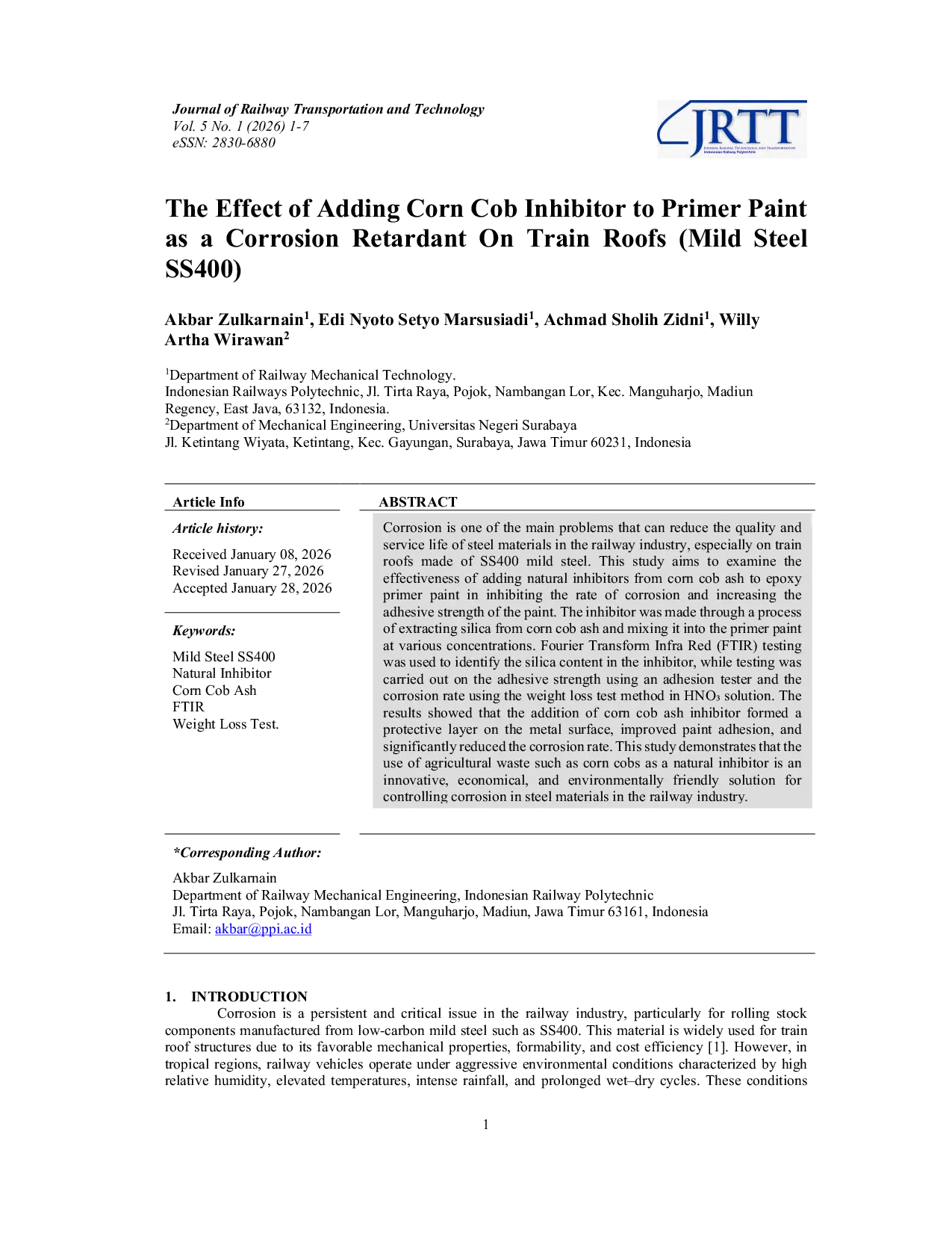 JURIS The Effect of Adding Corn Cob Inhibitor to Primer Paint as a Corrosion Retardant On Train Roofs Mild Steel SS 400