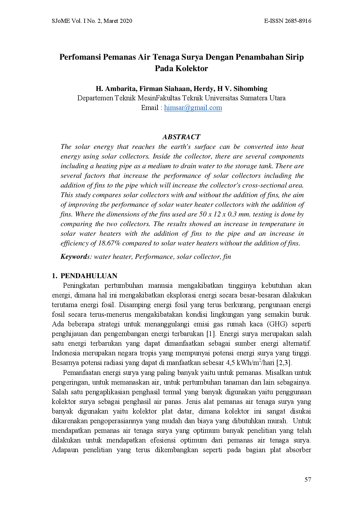 JURIS Performansi Pemanas Air Tenaga Surya Dengan Penambahan Sirip Pada Kolektor