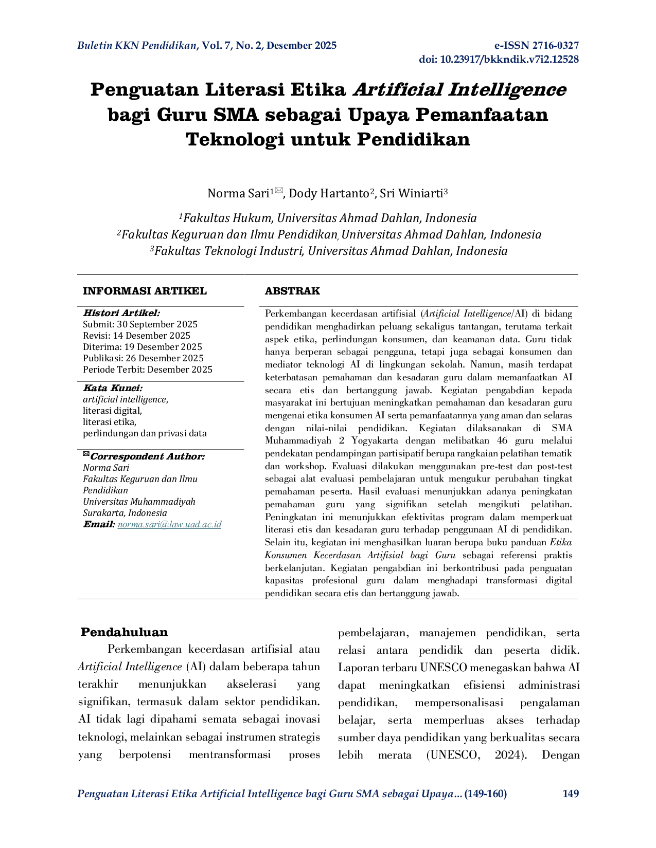 JURIS Penguatan Literasi Etika Artificial Intelligence bagi Guru SMA sebagai Upaya Pemanfaatan Teknologi untuk Pendidikan