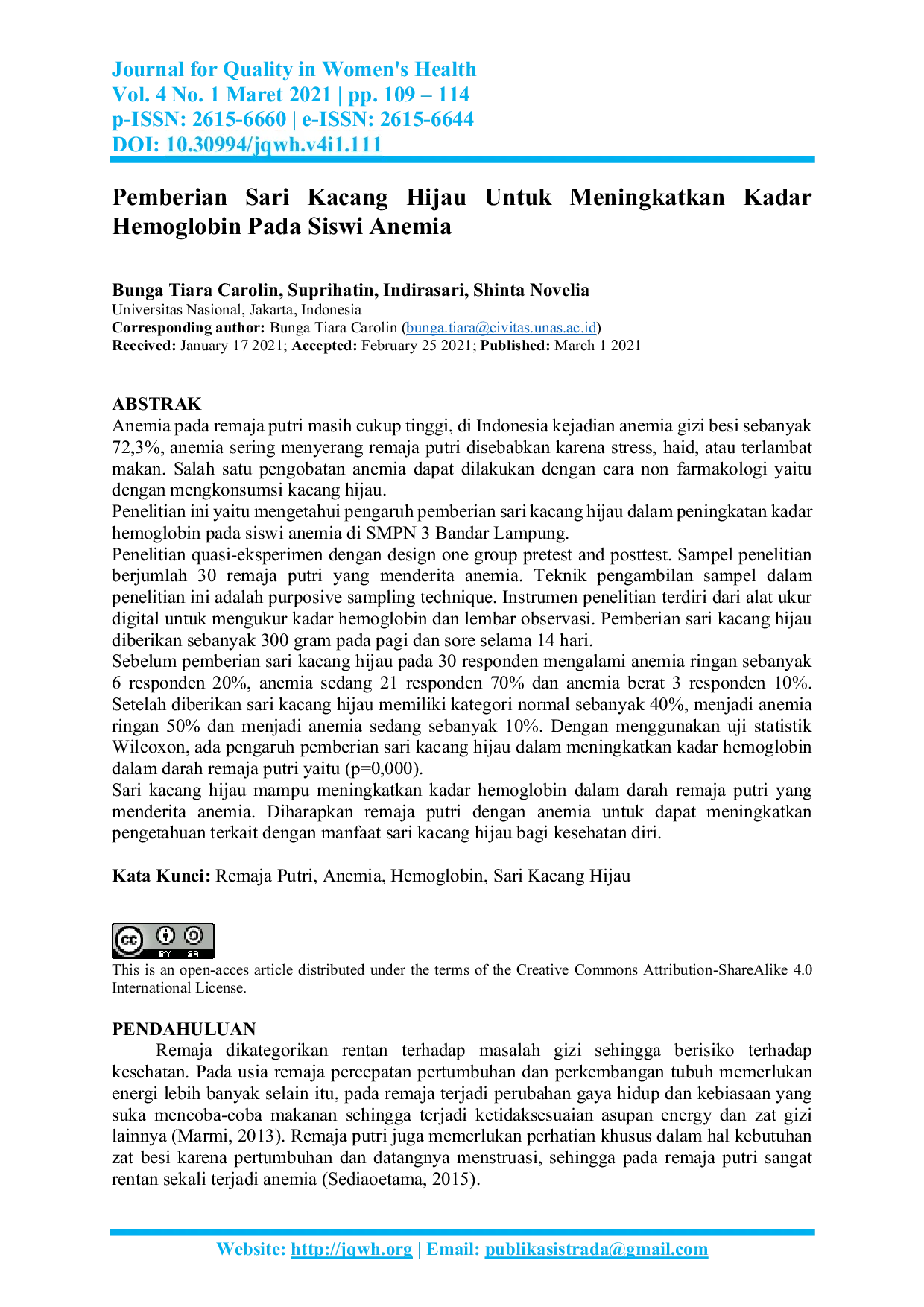 JURIS Pemberian Sari Kacang Hijau Untuk Meningkatkan Kadar Hemoglobin Pada Siswi Anemia