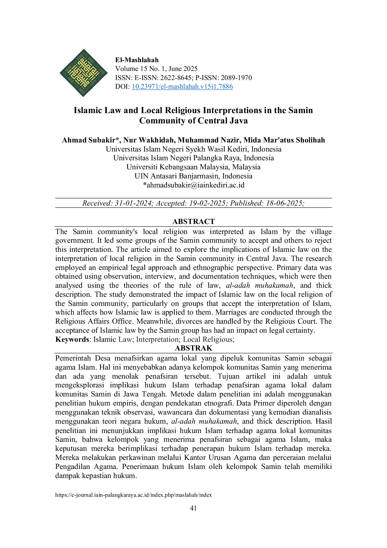 JURIS Islamic Law and Local Religious Interpretations in the Samin Community of Central Java