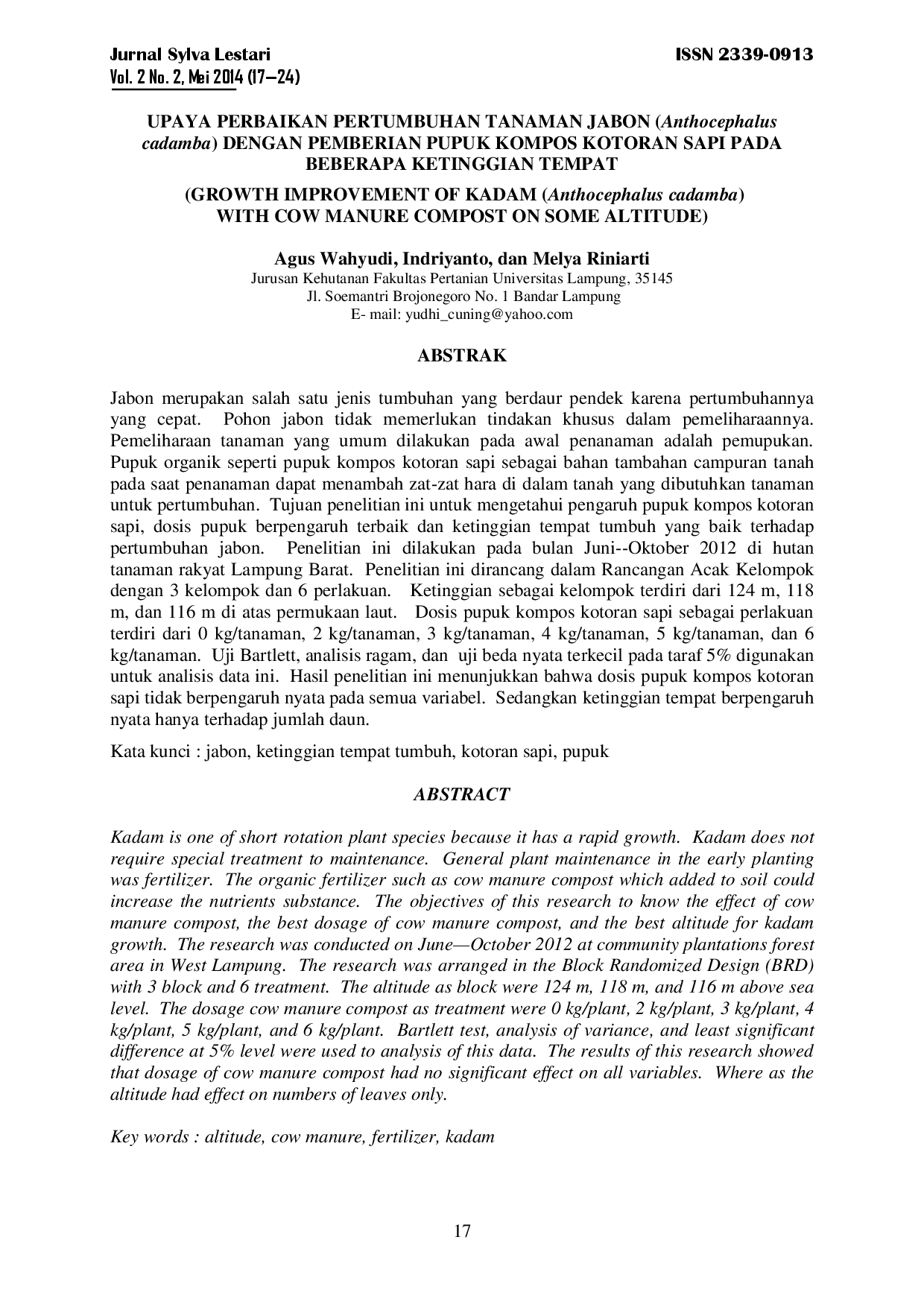 juris Upaya Perbaikan Pertumbuhan Tanaman Jabon Anthocephalus Cadamba Dengan Pemberian Pupuk Kompos Kotoran Sapi Pada Beberapa Ketinggian Tempat