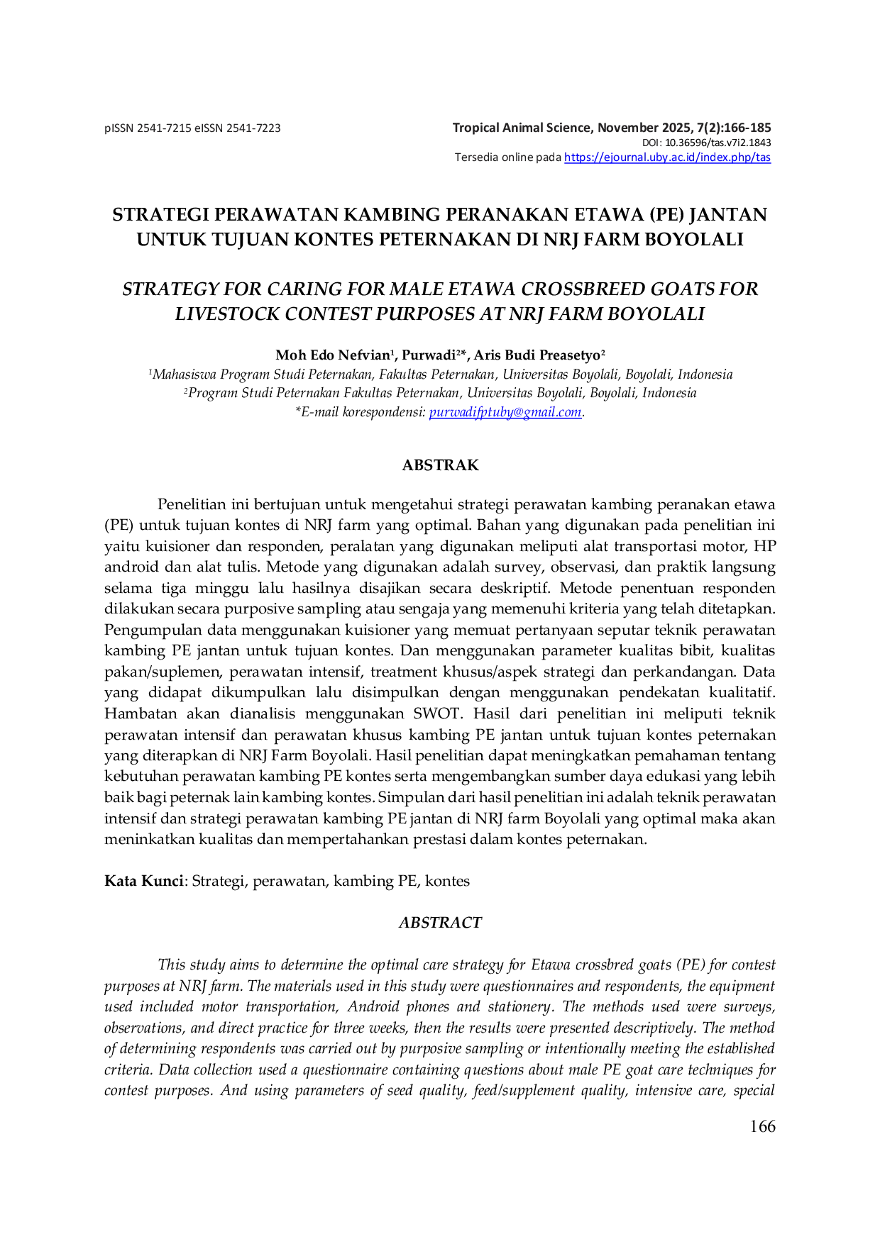 JURIS Strategi Perawatan Kambing Peranakan Etawa PE Jantan untuk Tujuan Kontes Peternakan di NRJ Farm Boyolali