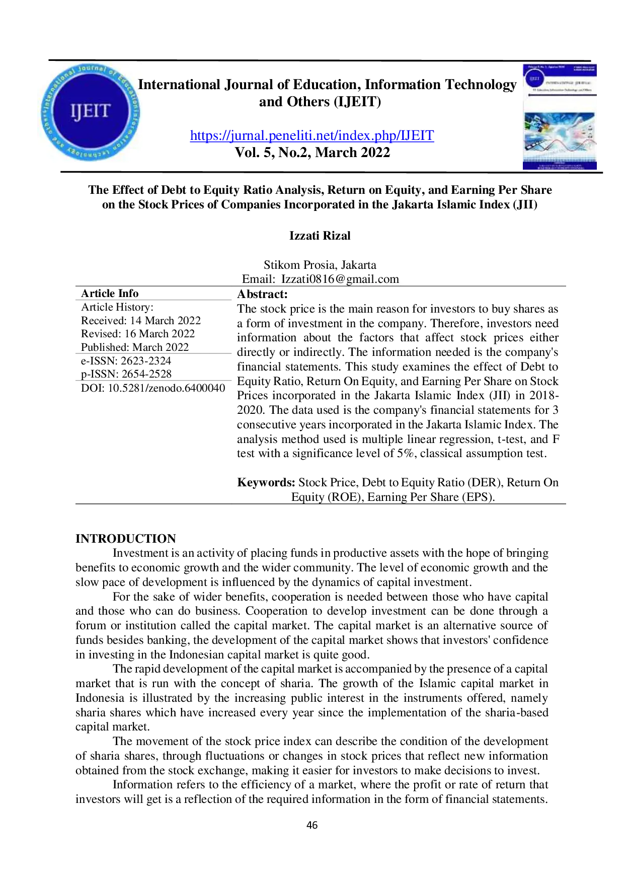 JURIS The Effect Of Debt To Equity Ratio Analysis Return On Equity And Earning Per Share On The Stock Prices Of Companies Incorporated In The Jakarta Islamic Index Jii