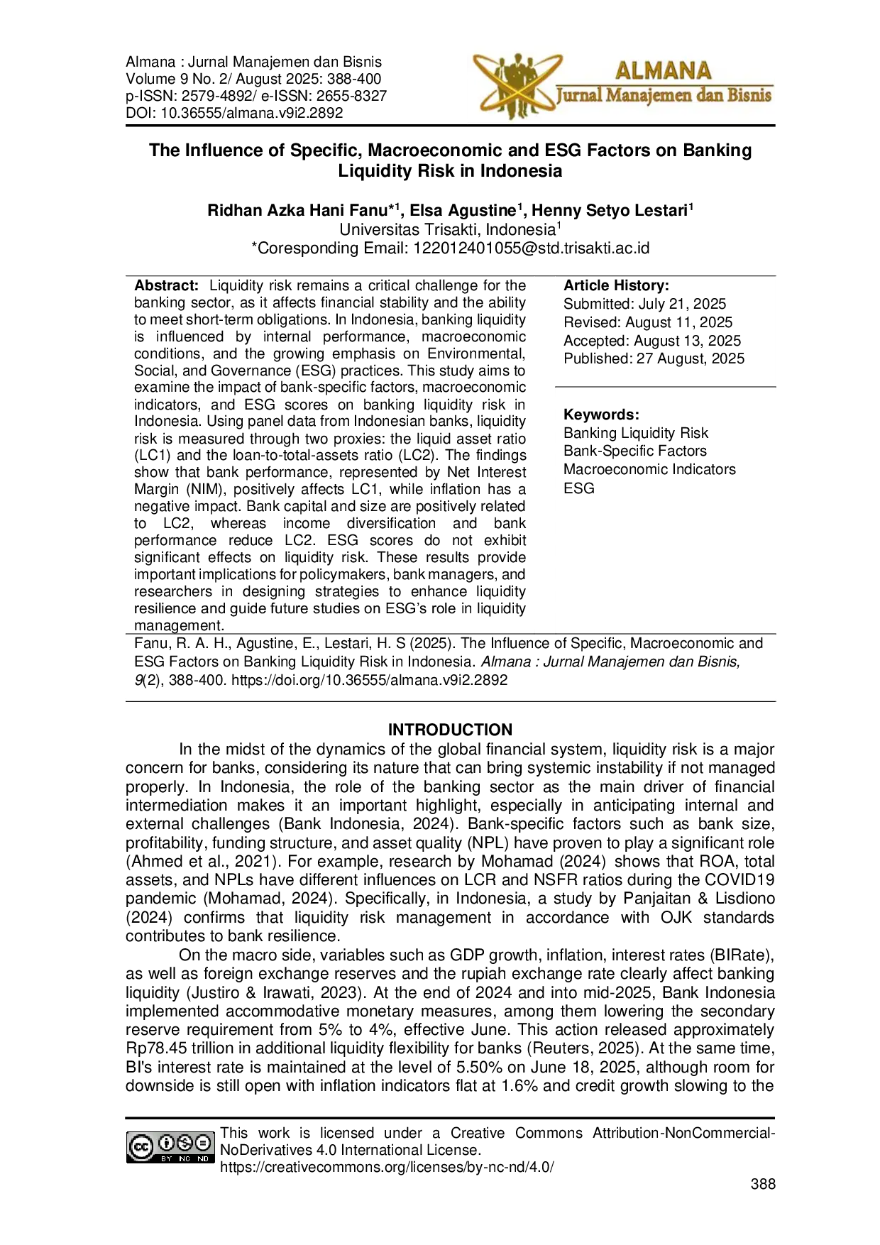 JURIS The Influence of Specific Macroeconomic and ESG Factors on Banking Liquidity Risk in Indonesia
