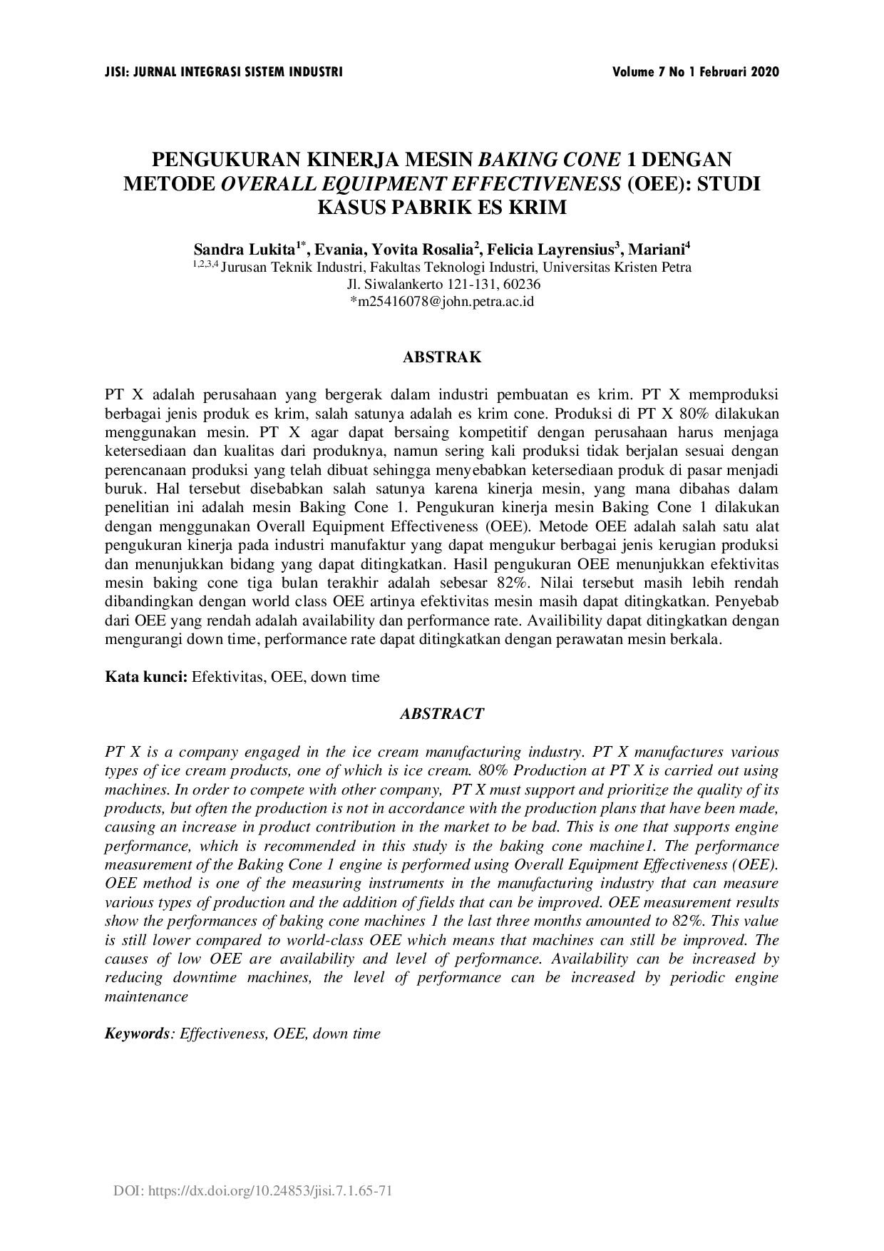 JURIS Pengukuran Kinerja Mesin Baking Cone 1 Dengan Metode Overall Equipment Effectiveness Oee Studi Kasus Pabrik Es Krim
