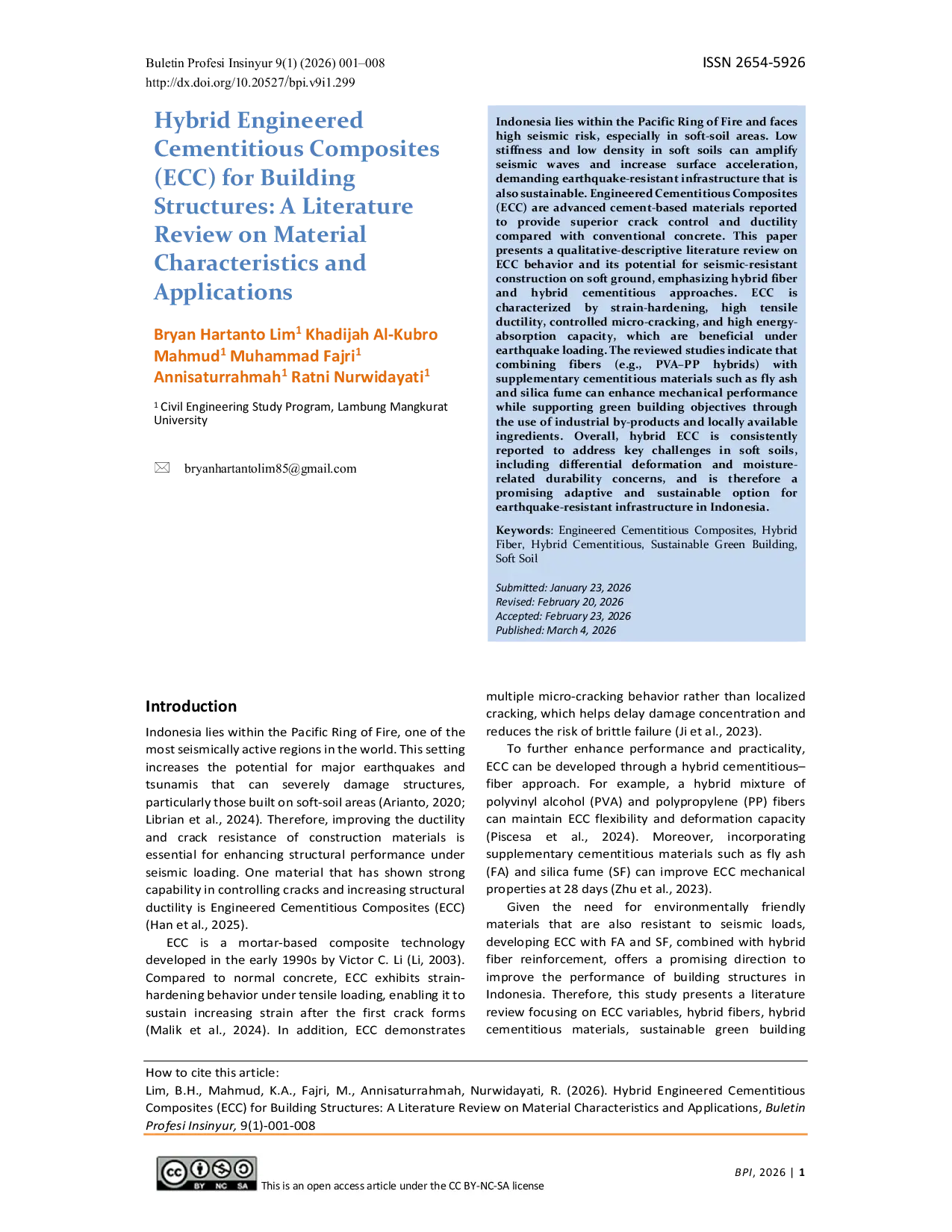 JURIS Hybrid Engineered Cementitious Composites ECC for Building Structures A Literature Review on Material Characteristics and Applications