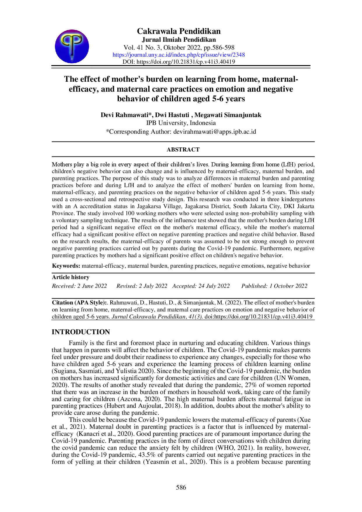 juris The effect of mother s burden on learning from home maternal efficacy and maternal care practices on emotion and negative behavior of children aged 5 6 years